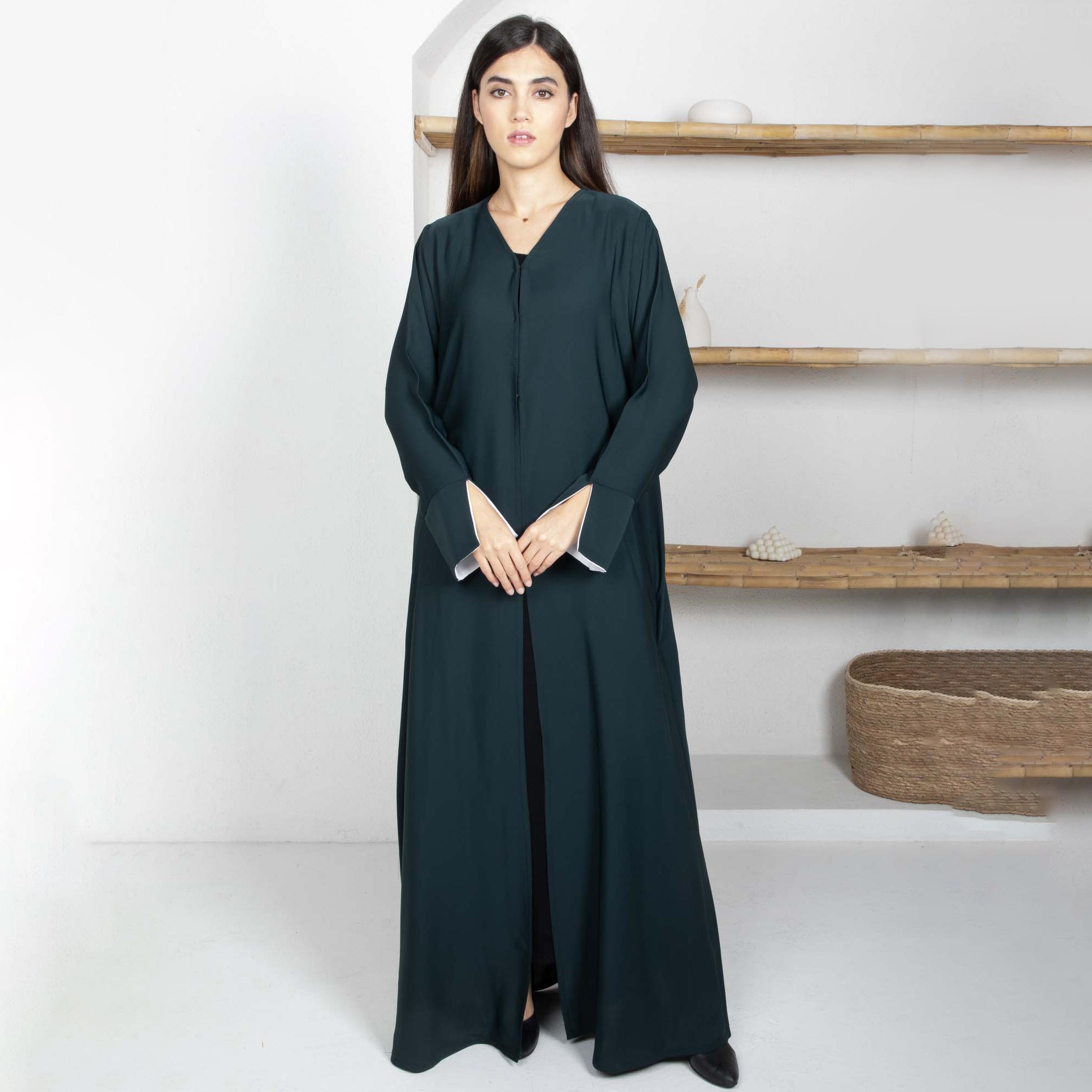 Msquare Fashion Green Open Cuff Sleeves Nida Women's Abaya with Hijab-women-arabicclothing-abayas-image-1