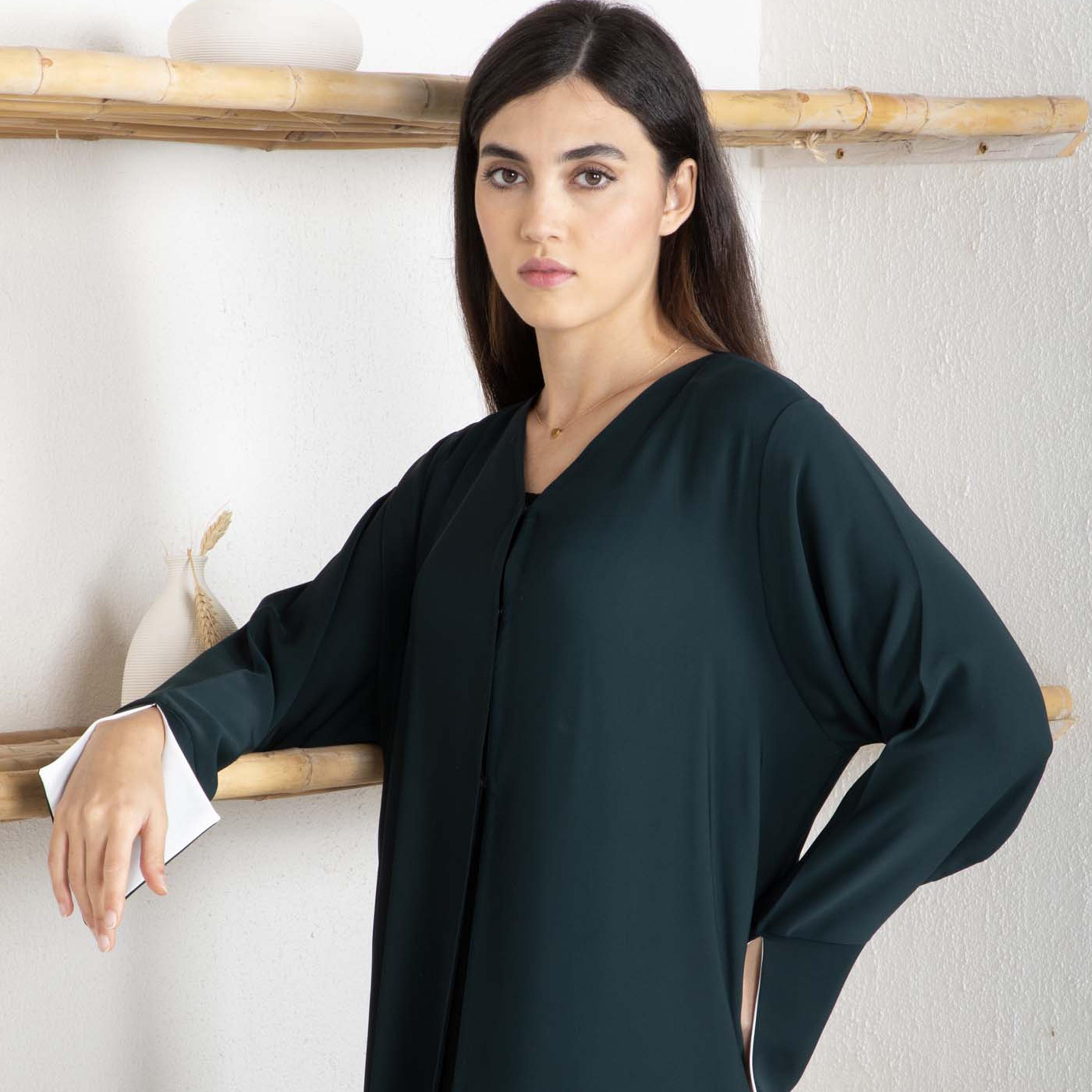 Msquare Fashion Green Open Cuff Sleeves Nida Women's Abaya with Hijab-women-arabicclothing-abayas-image-2