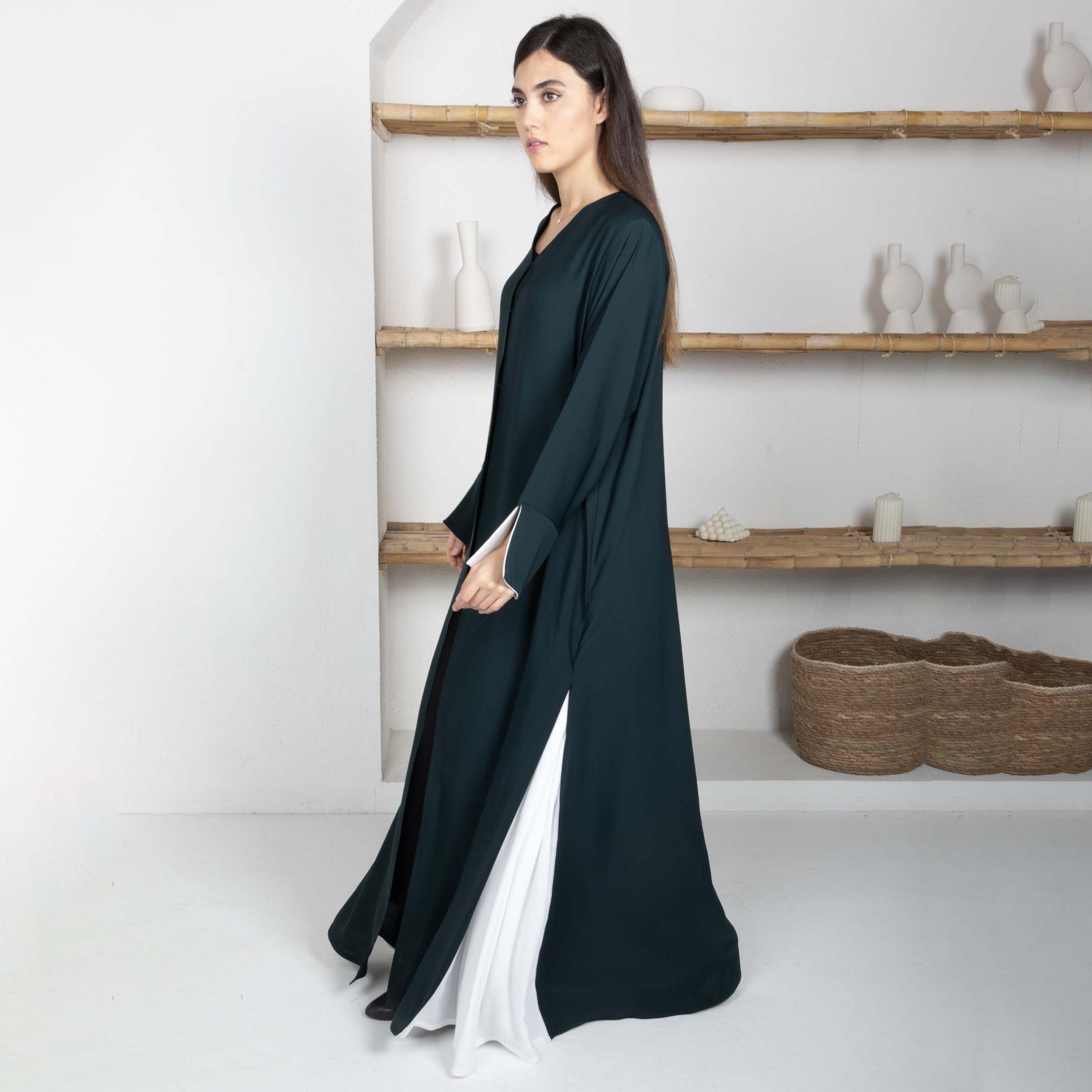Msquare Fashion Green Open Cuff Sleeves Nida Women's Abaya with Hijab-women-arabicclothing-abayas-image-4