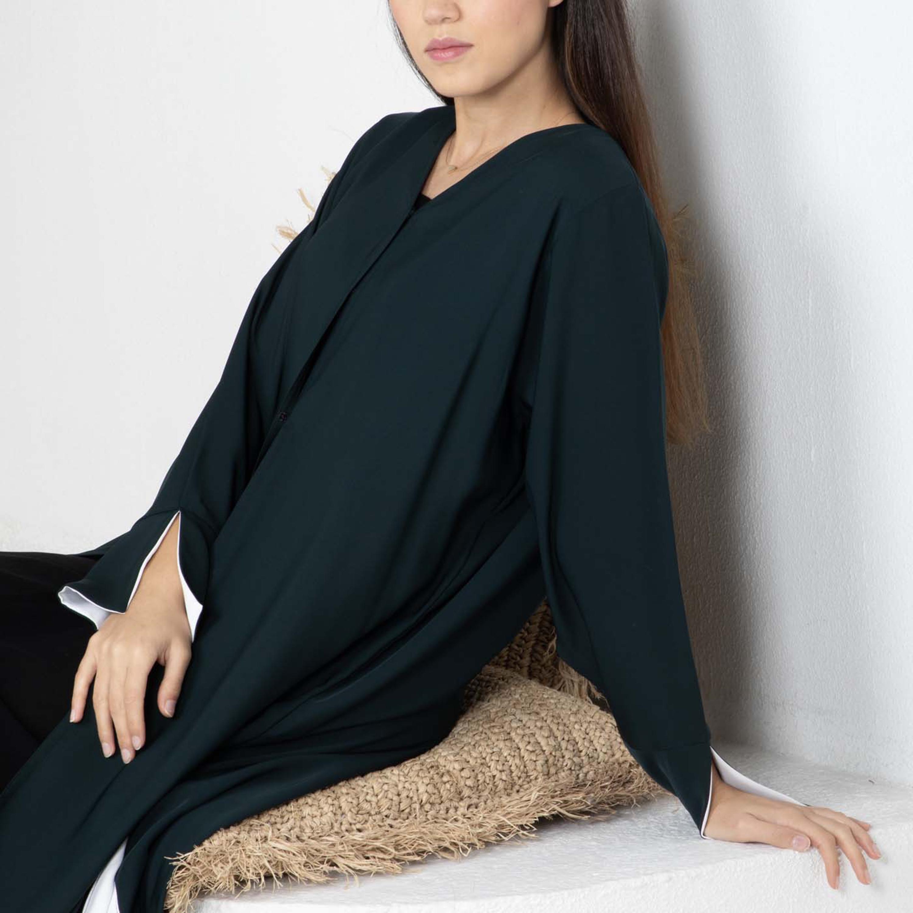 Msquare Fashion Green Open Cuff Sleeves Nida Women's Abaya with Hijab-women-arabicclothing-abayas-image-5