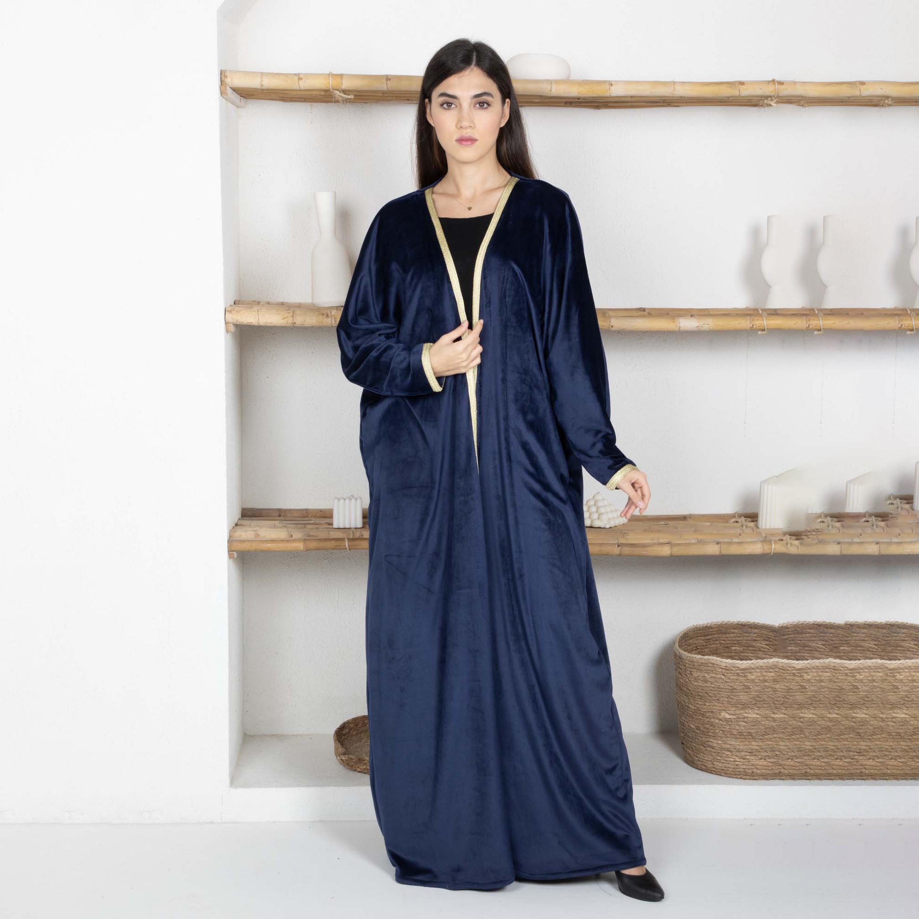 Msquare Fashion Golden Lace Border Batwing Sleeves Velvet Women's Abaya with Hijab-women-arabicclothing-abayas-image-1