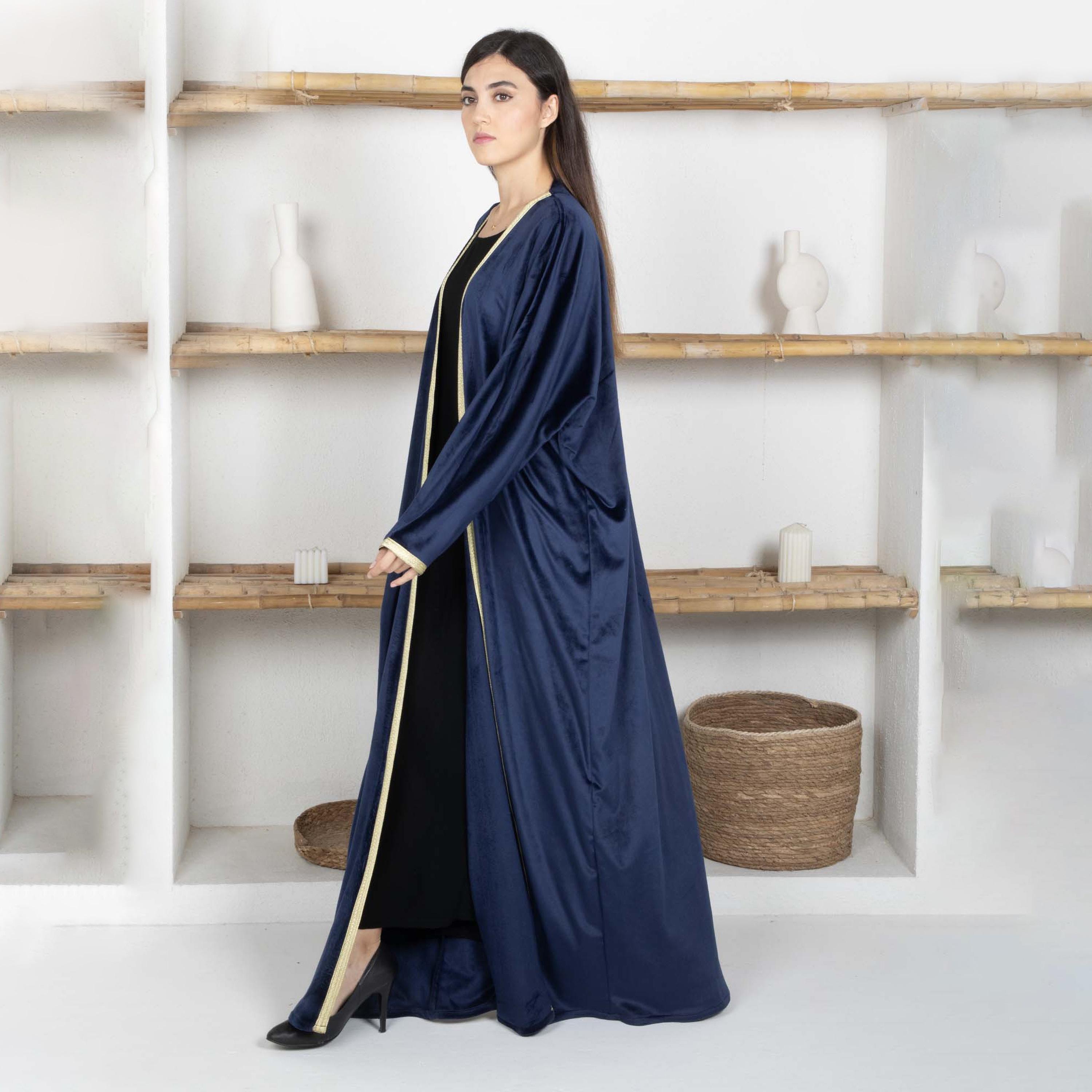 Msquare Fashion Golden Lace Border Batwing Sleeves Velvet Women's Abaya with Hijab-women-arabicclothing-abayas-image-2