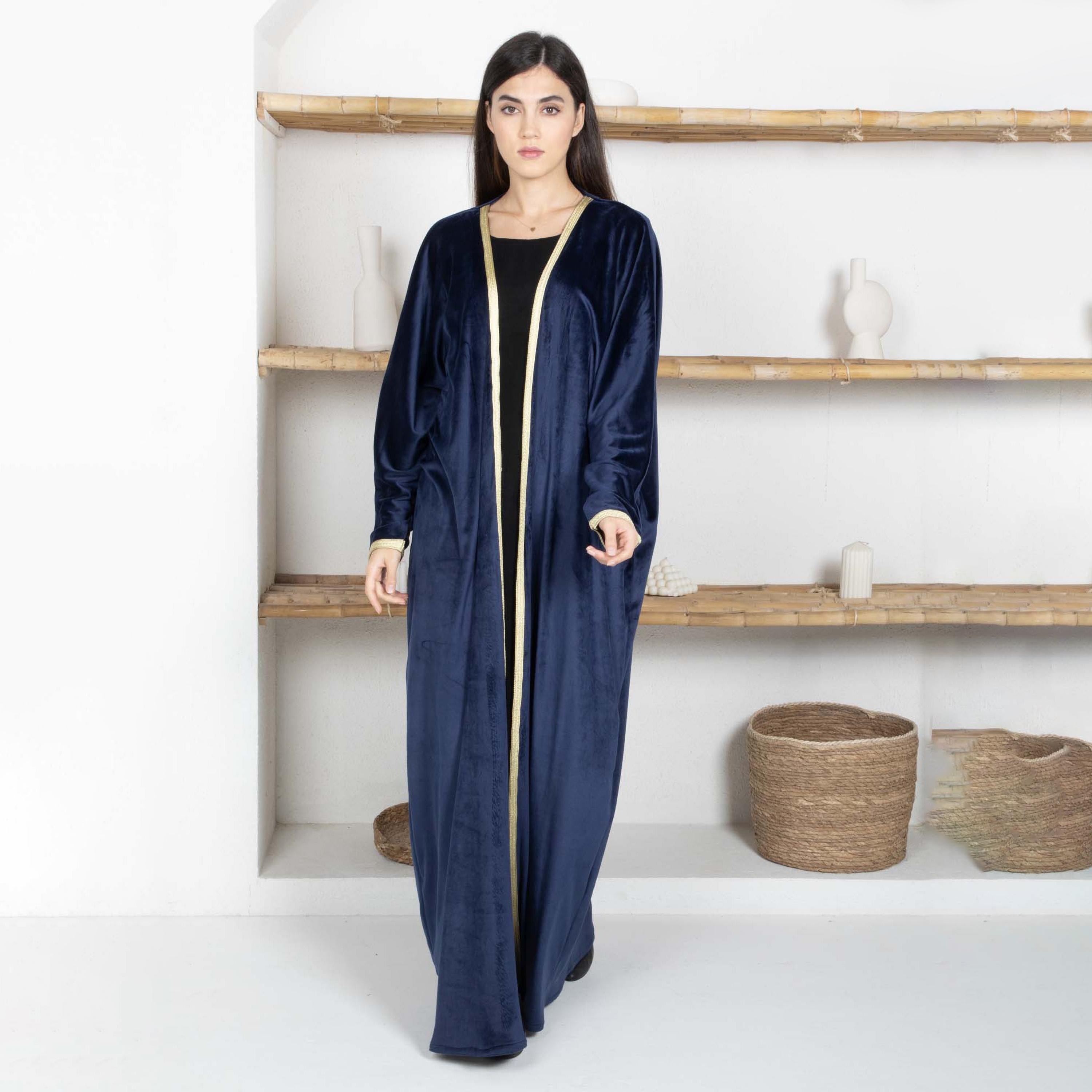 Msquare Fashion Golden Lace Border Batwing Sleeves Velvet Women's Abaya with Hijab-women-arabicclothing-abayas-image-4