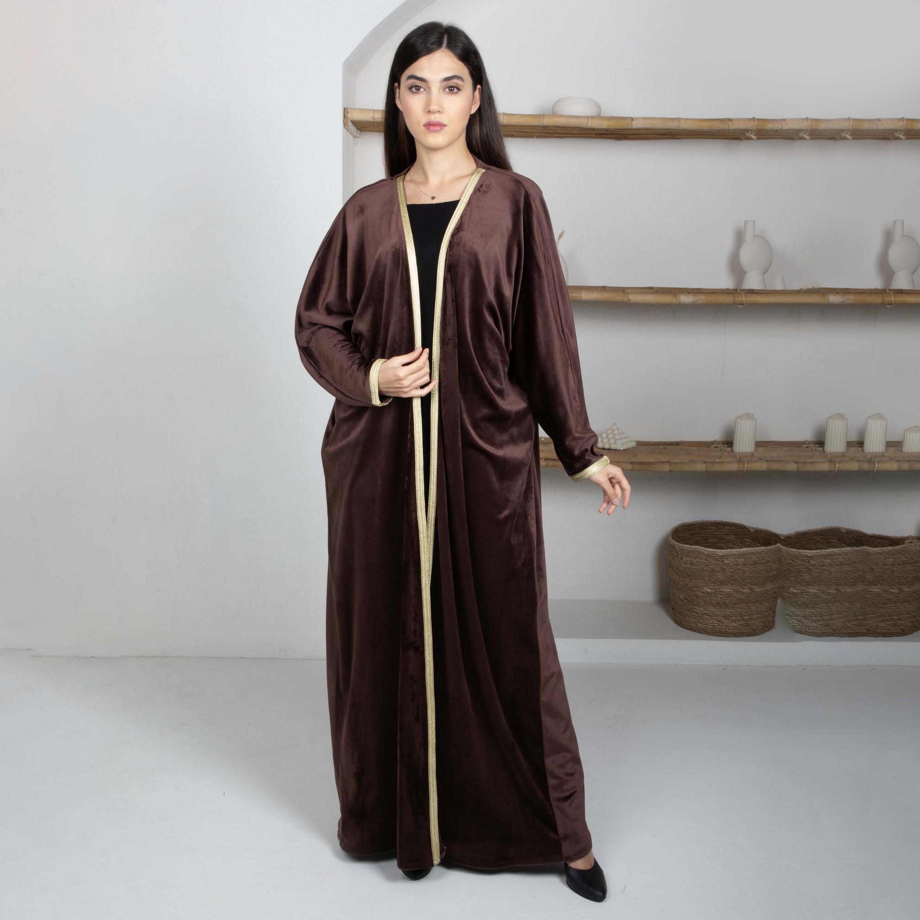 Msquare Fashion Golden Lace Border Batwing Sleeves Velvet Women's Abaya with Hijab-women-arabicclothing-abayas-image-4