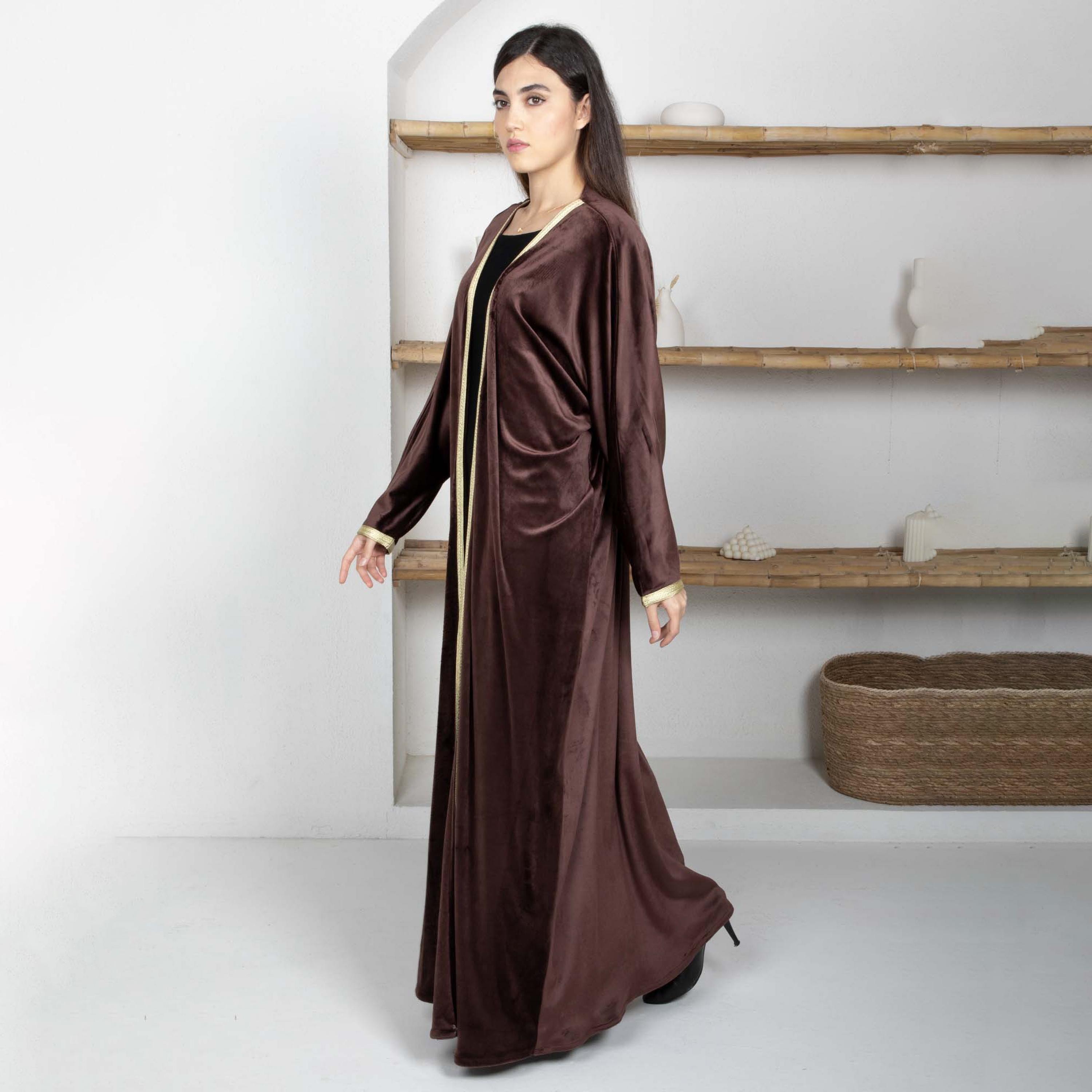 Msquare Fashion Golden Lace Border Batwing Sleeves Velvet Women's Abaya with Hijab-women-arabicclothing-abayas-image-5