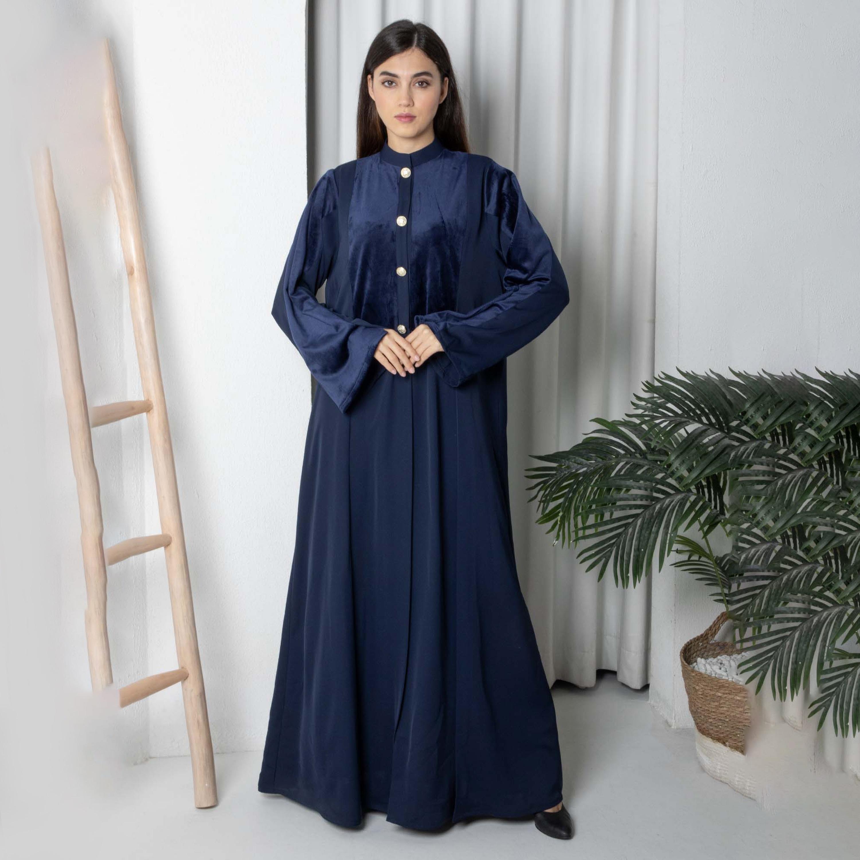 Msquare Fashion Colour Blocked Mandarin Collar Wide Sleeves Nida and Velvet Women's Abaya with Hijab-women-arabicclothing-abayas-image-1