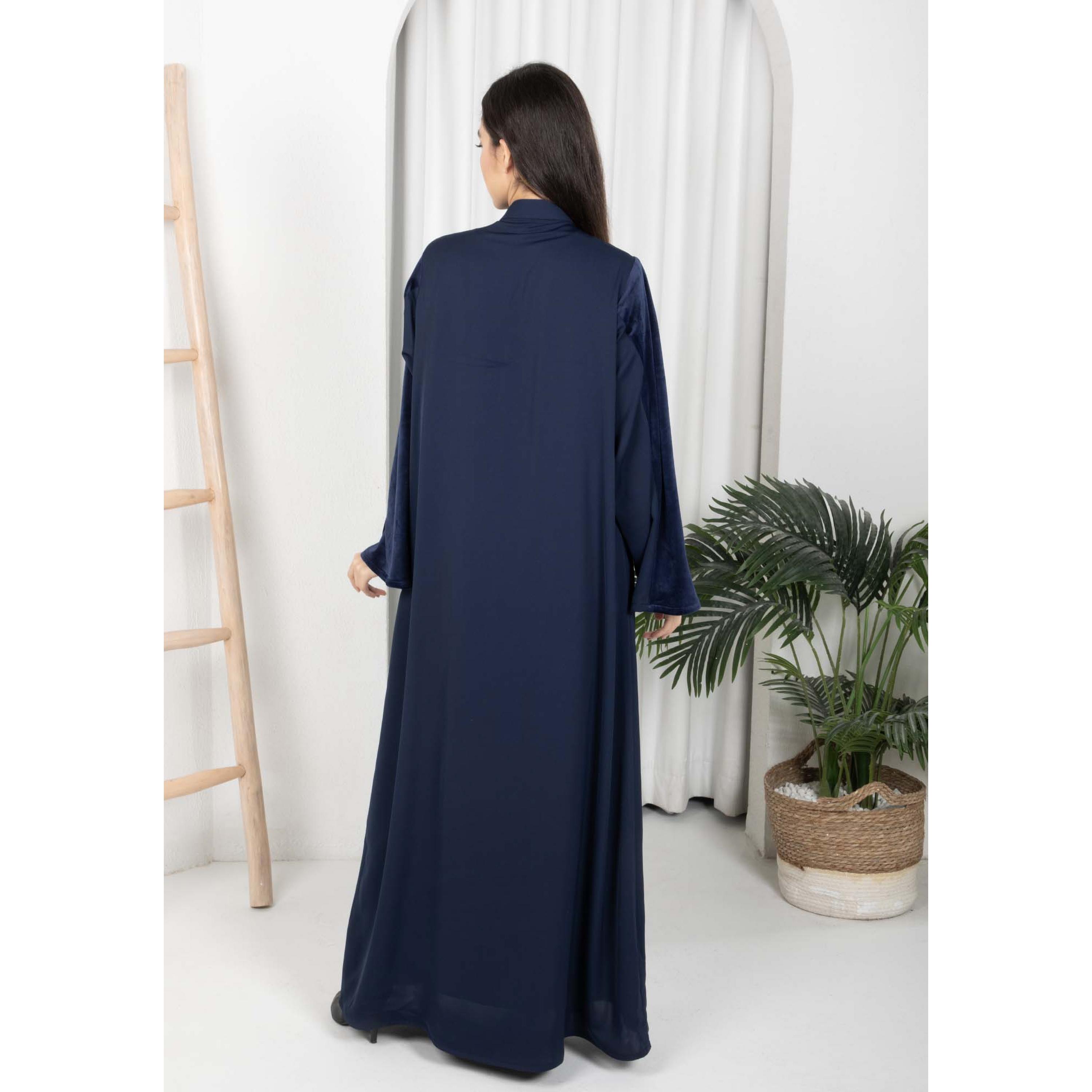 Msquare Fashion Colour Blocked Mandarin Collar Wide Sleeves Nida and Velvet Women's Abaya with Hijab-women-arabicclothing-abayas-image-5