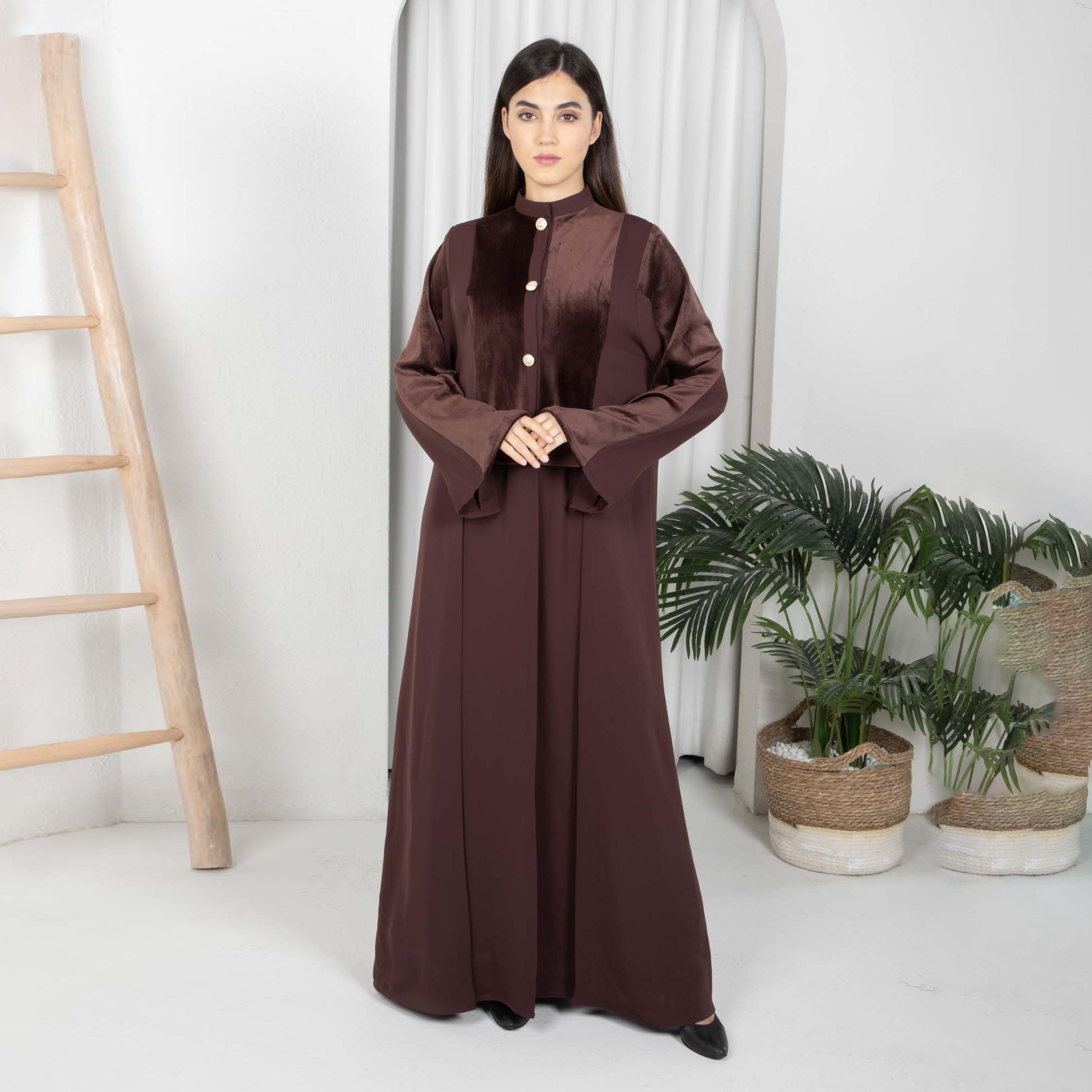 Msquare Fashion Colour Blocked Mandarin Collar Wide Sleeves Nida and Velvet Women's Abaya with Hijab-women-arabicclothing-abayas-image-1