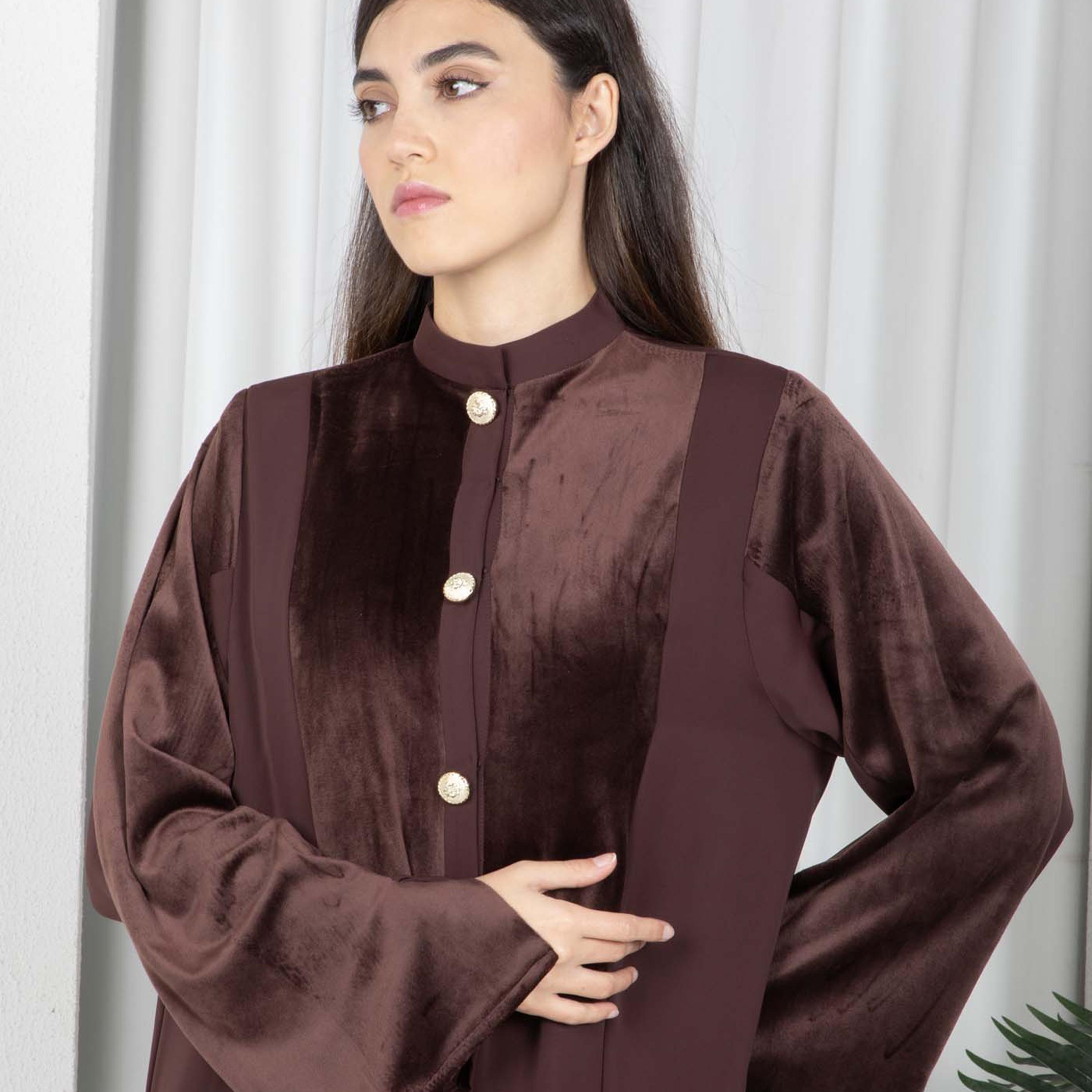 Msquare Fashion Colour Blocked Mandarin Collar Wide Sleeves Nida and Velvet Women's Abaya with Hijab-women-arabicclothing-abayas-image-3