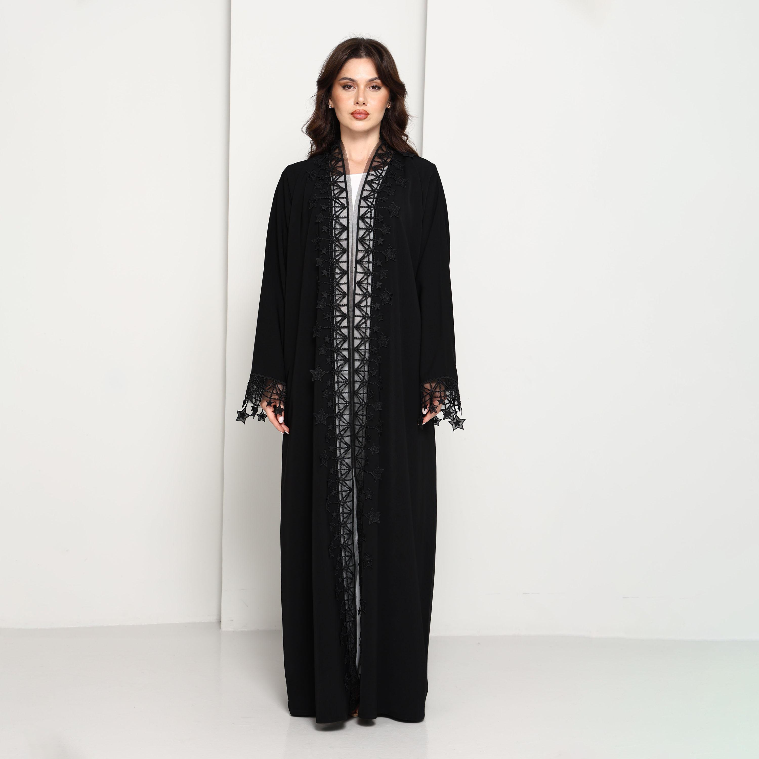 Msquare Fashion Star Lace Crepe Women's Open Front Abaya with Hijab-women-arabicclothing-abayas-image-1