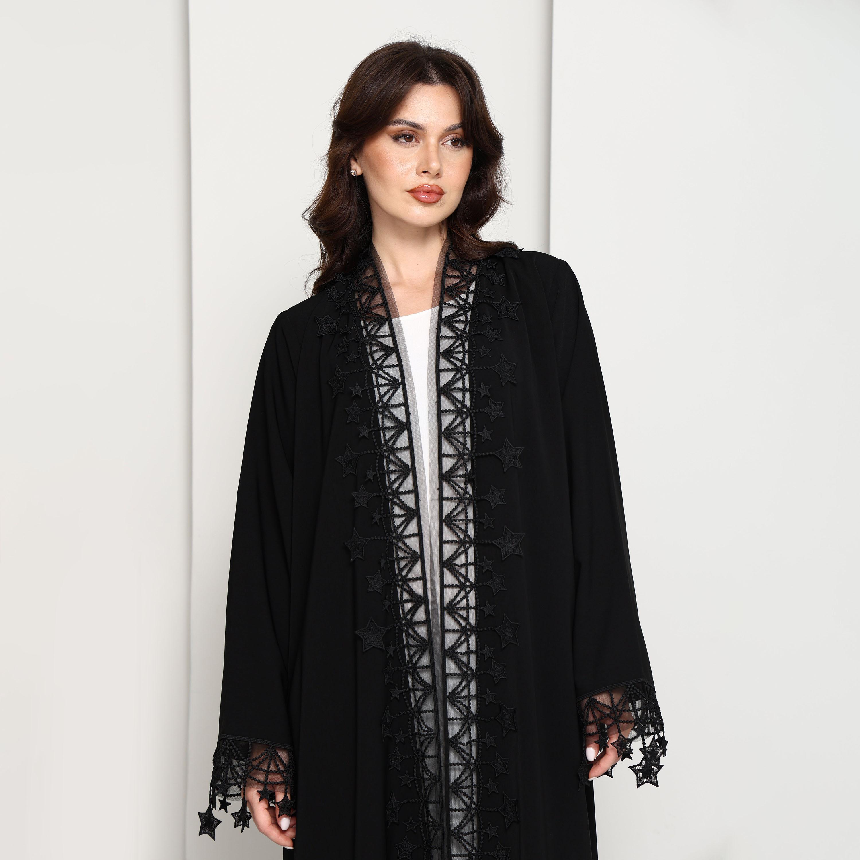 Msquare Fashion Star Lace Crepe Women's Open Front Abaya with Hijab-women-arabicclothing-abayas-image-2