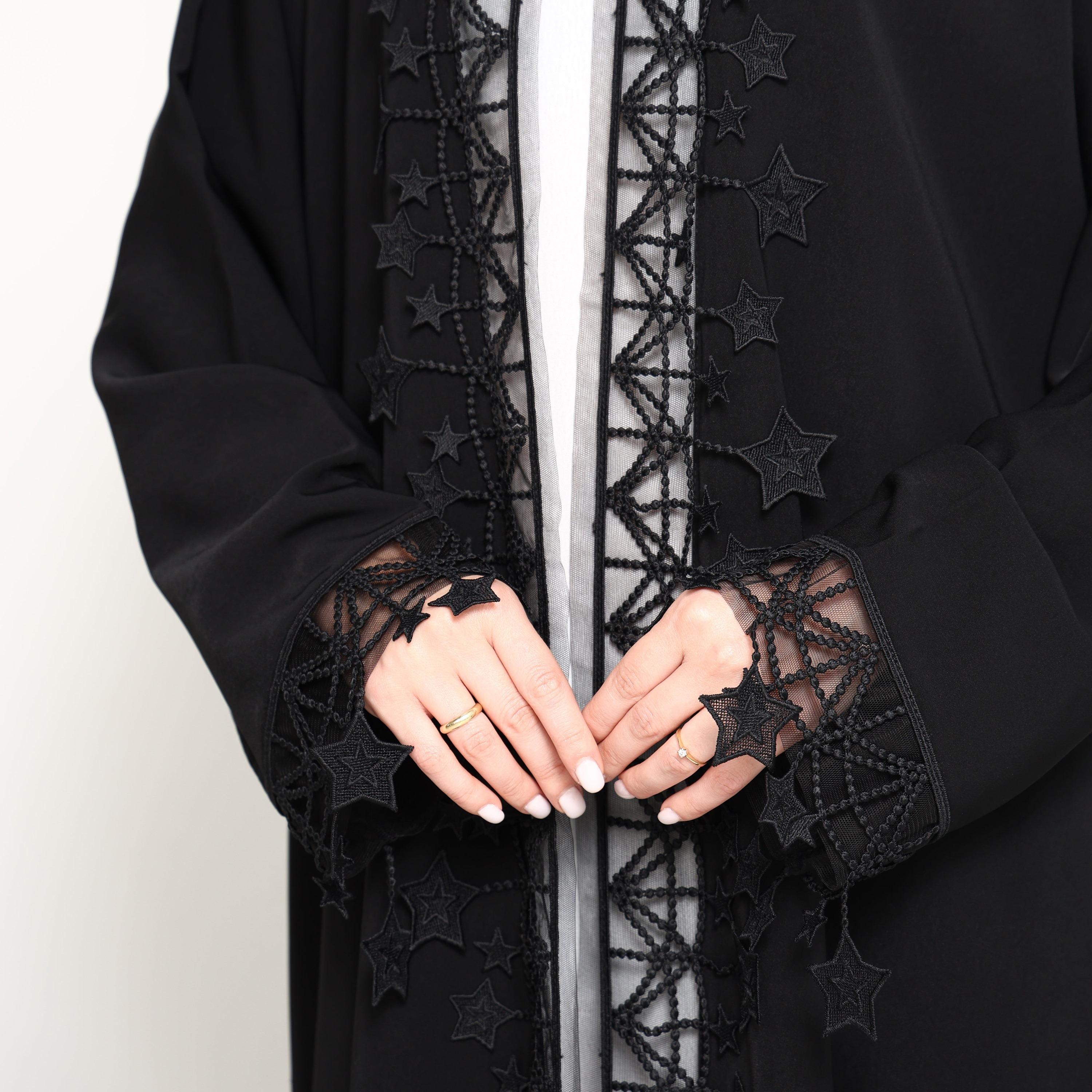 Msquare Fashion Star Lace Crepe Women's Open Front Abaya with Hijab-women-arabicclothing-abayas-image-3