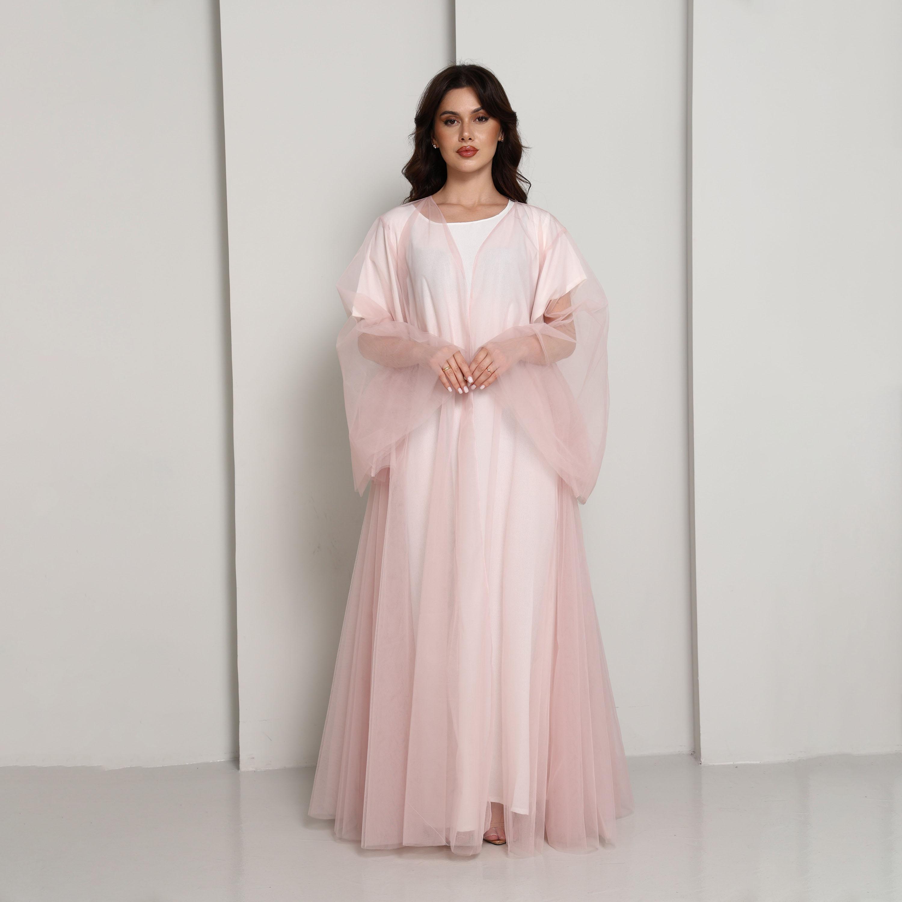 Msquare Fashion Pink Flared Sleeves Tulle Net Women's Abaya-women-arabicclothing-abayas-image-1
