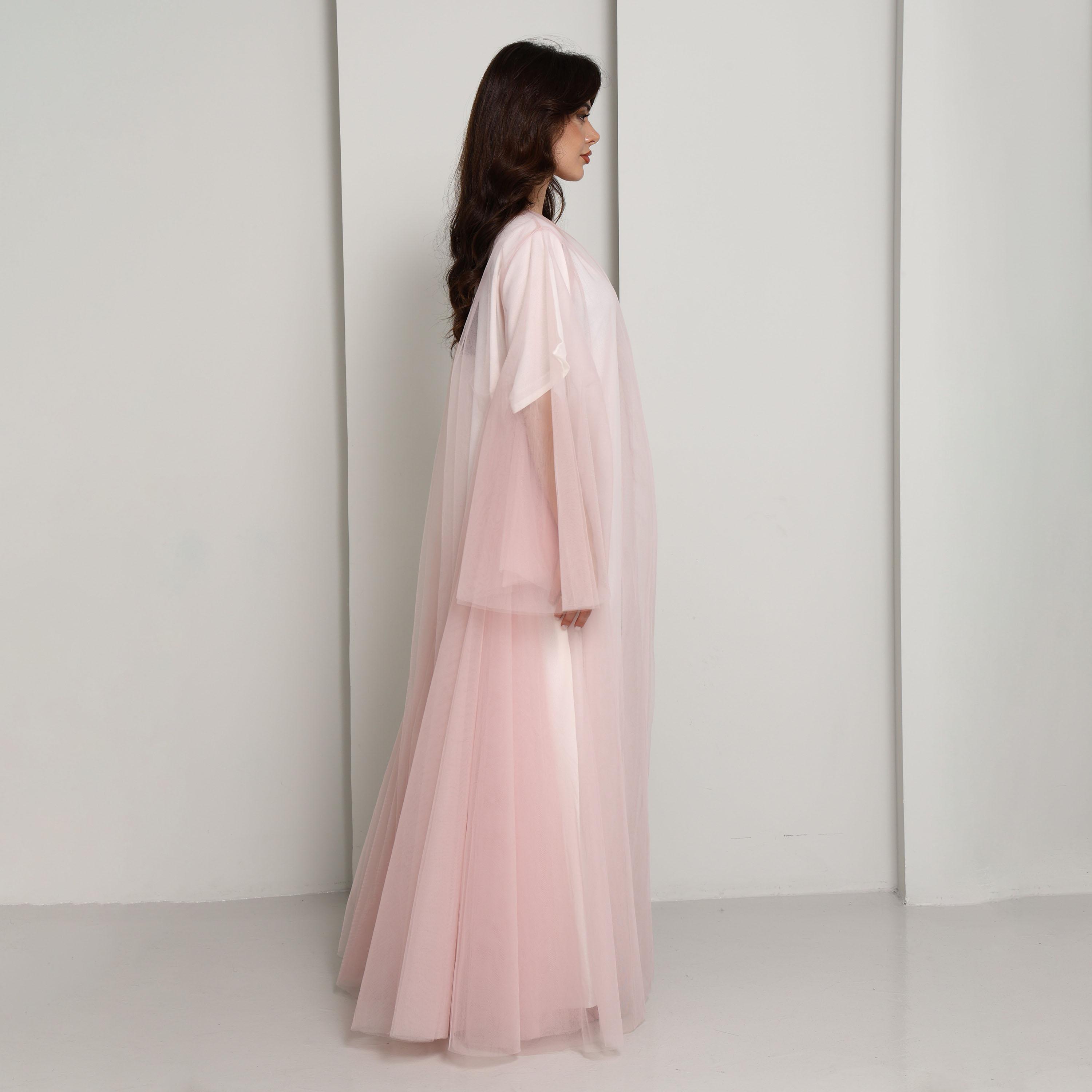 Msquare Fashion Pink Flared Sleeves Tulle Net Women's Abaya-women-arabicclothing-abayas-image-3
