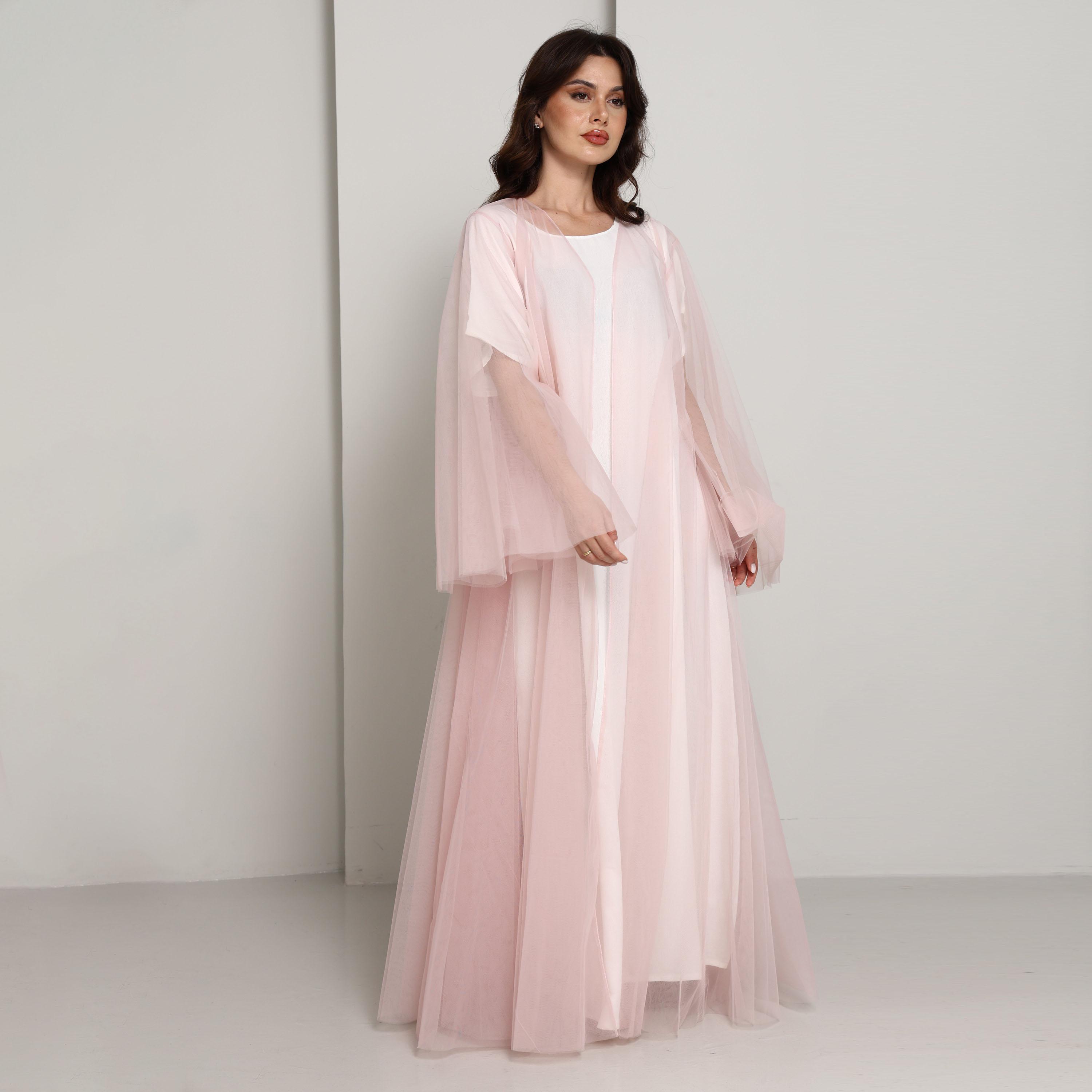 Msquare Fashion Pink Flared Sleeves Tulle Net Women's Abaya-women-arabicclothing-abayas-image-4