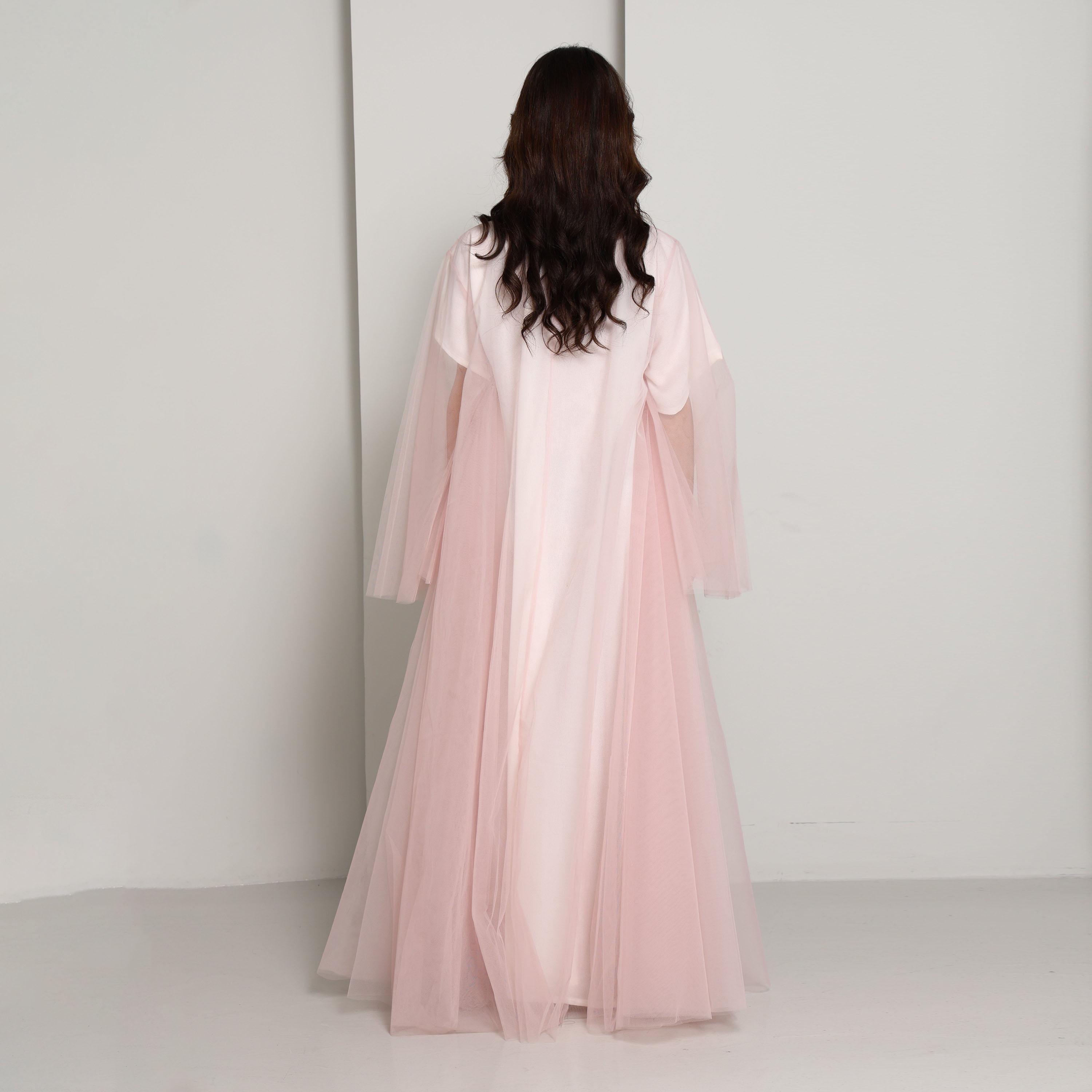 Msquare Fashion Pink Flared Sleeves Tulle Net Women's Abaya-women-arabicclothing-abayas-image-5