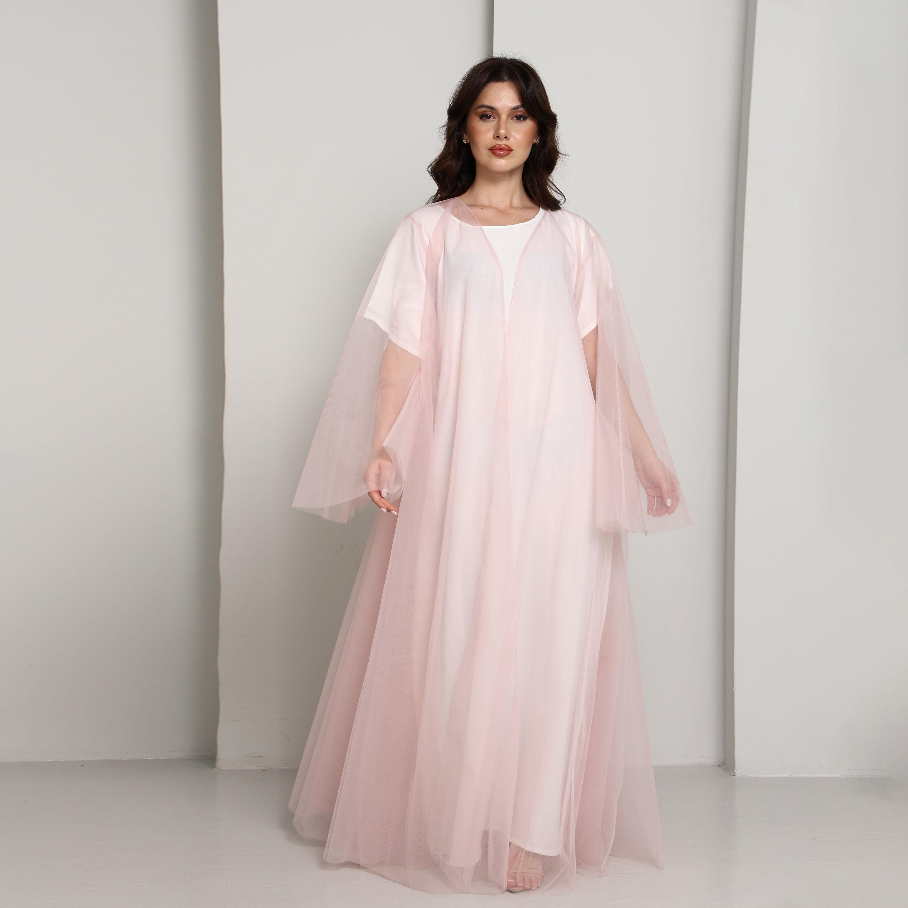 Msquare Fashion Pink Flared Sleeves Tulle Net Women's Abaya-women-arabicclothing-abayas-image-6