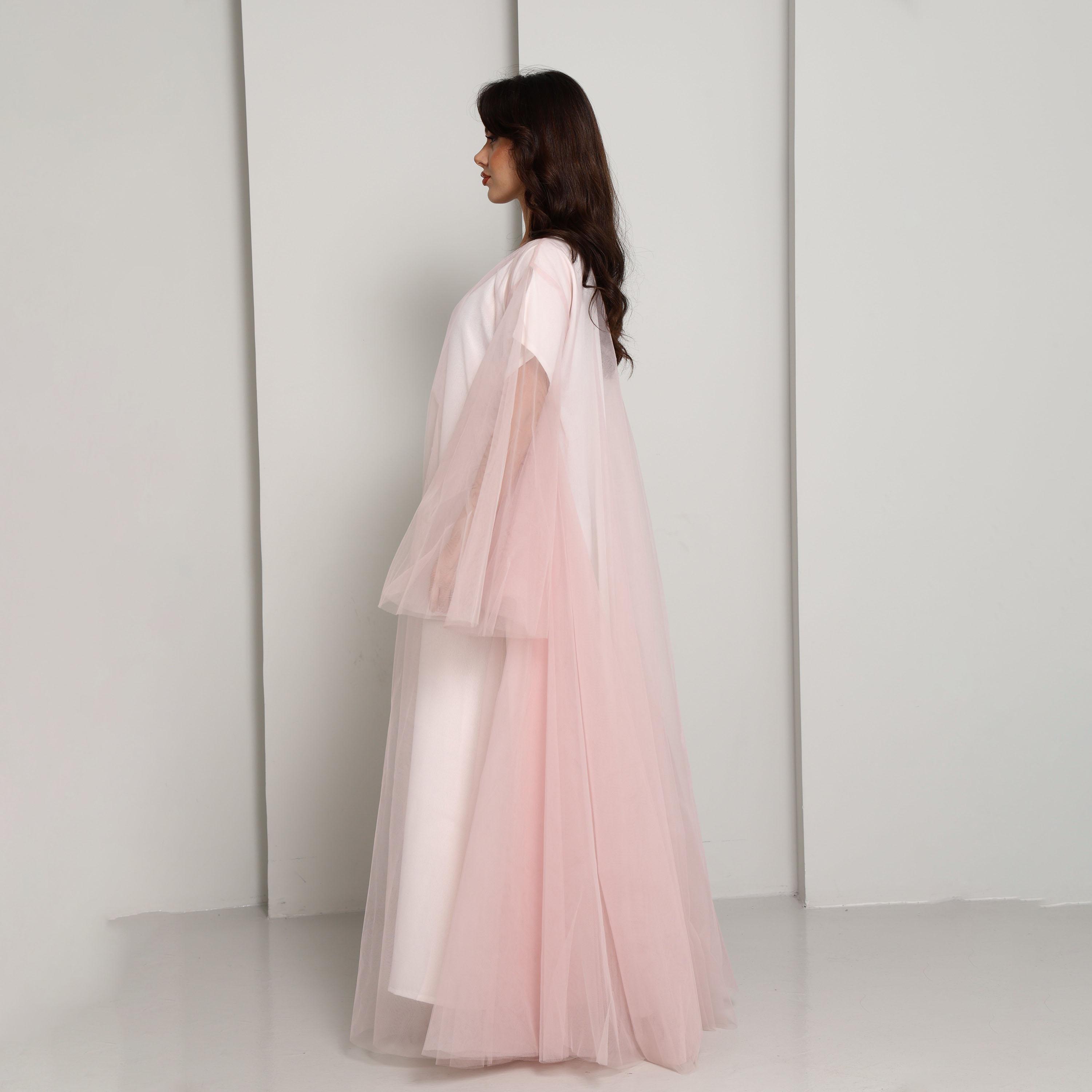Msquare Fashion Pink Flared Sleeves Tulle Net Women's Abaya-women-arabicclothing-abayas-image-7