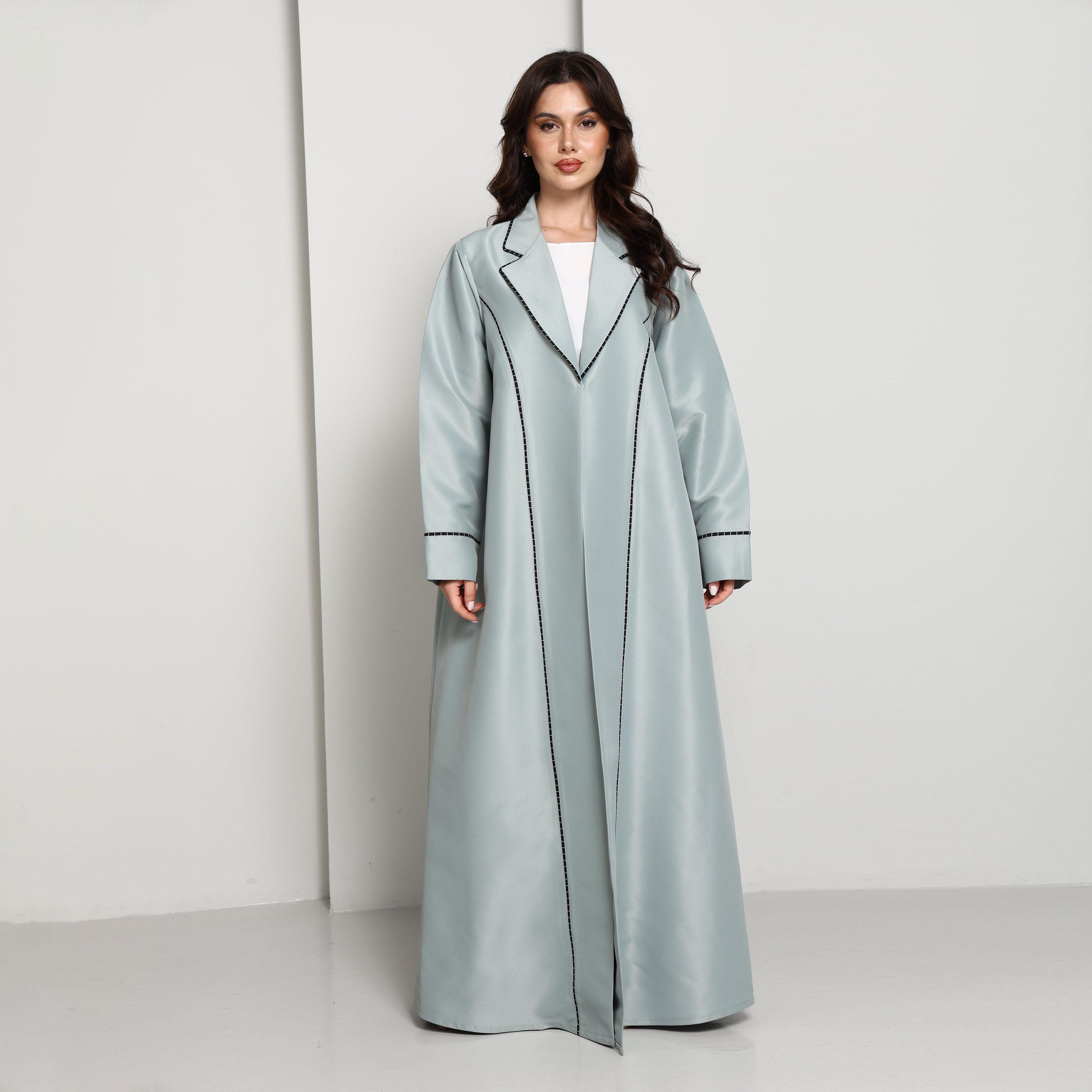Msquare Fashion Green Lapel Collar Contrast Stitch Detail Satin Women's Coat Style Abaya-women-arabicclothing-abayas-image-1