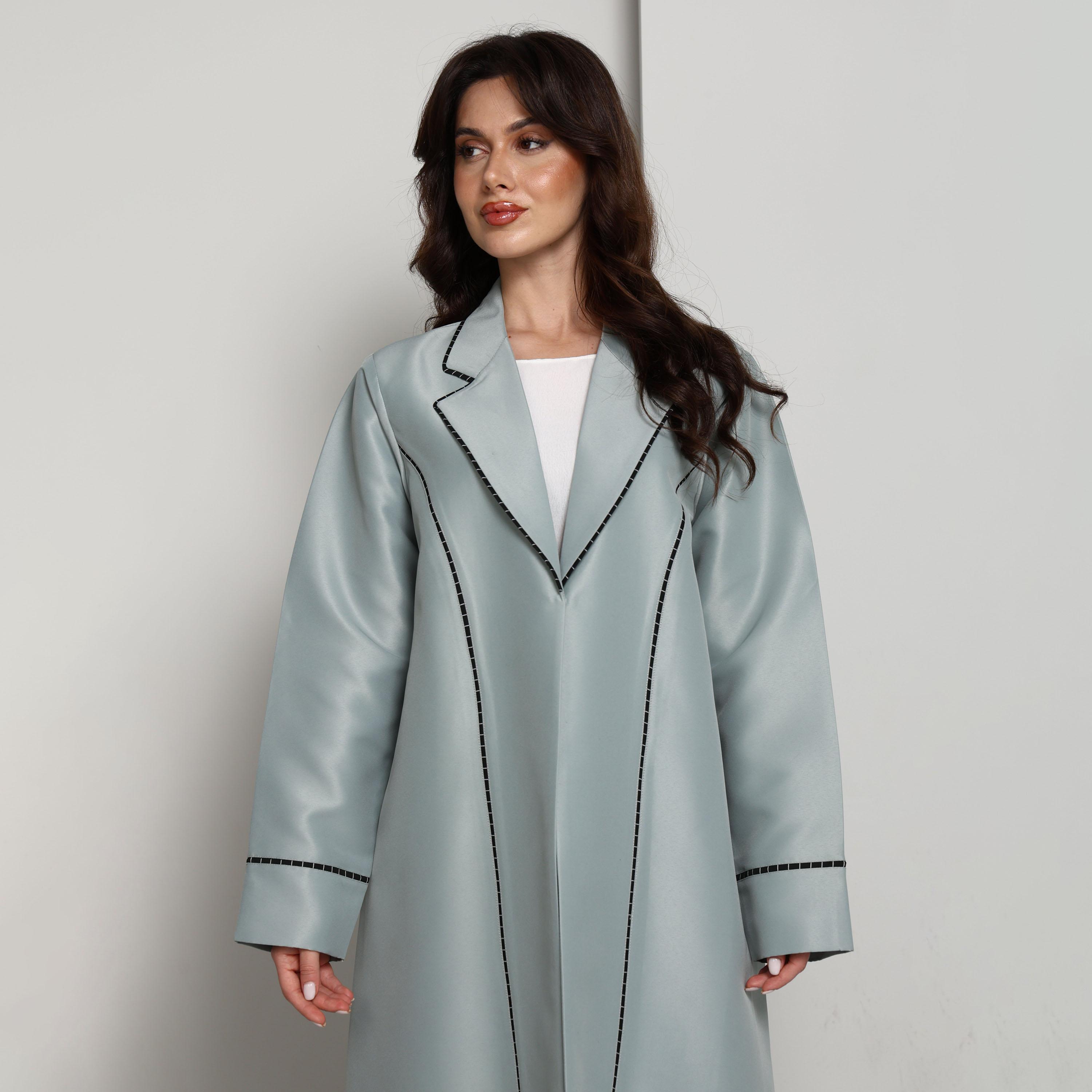 Msquare Fashion Green Lapel Collar Contrast Stitch Detail Satin Women's Coat Style Abaya-women-arabicclothing-abayas-image-2
