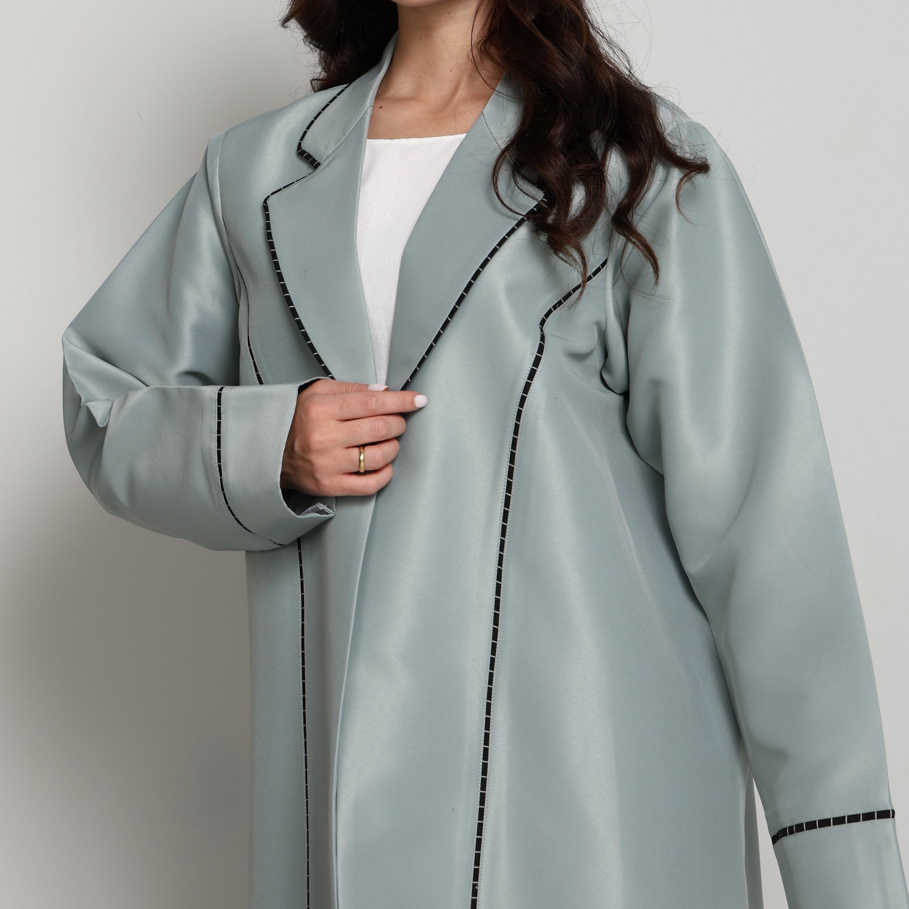 Msquare Fashion Green Lapel Collar Contrast Stitch Detail Satin Women's Coat Style Abaya-women-arabicclothing-abayas-image-3