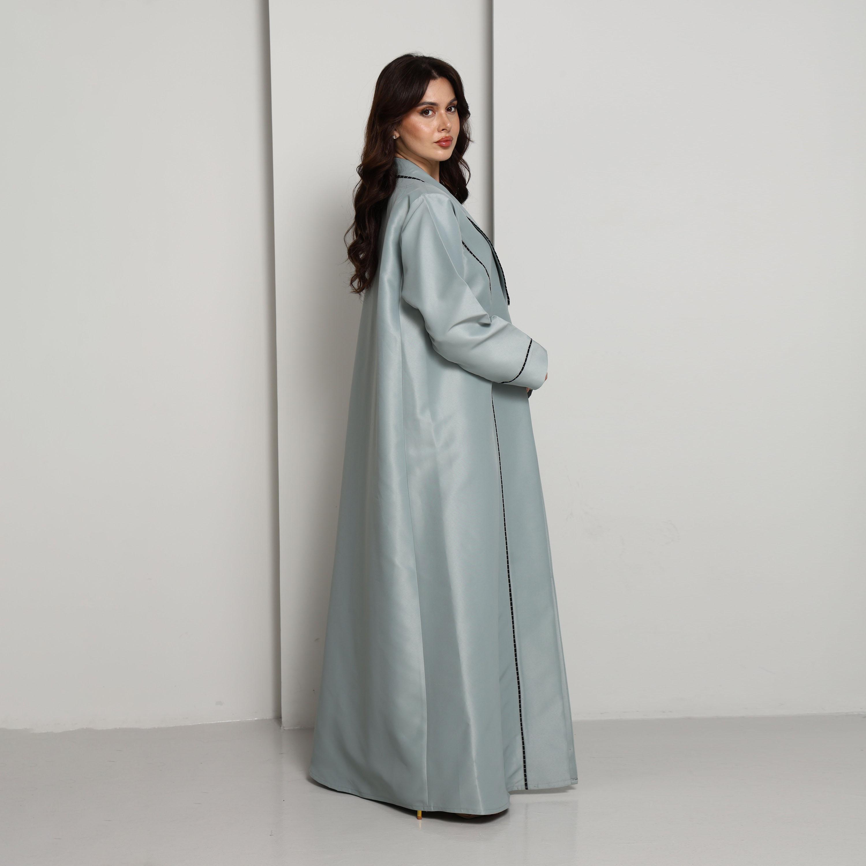 Msquare Fashion Green Lapel Collar Contrast Stitch Detail Satin Women's Coat Style Abaya-women-arabicclothing-abayas-image-4