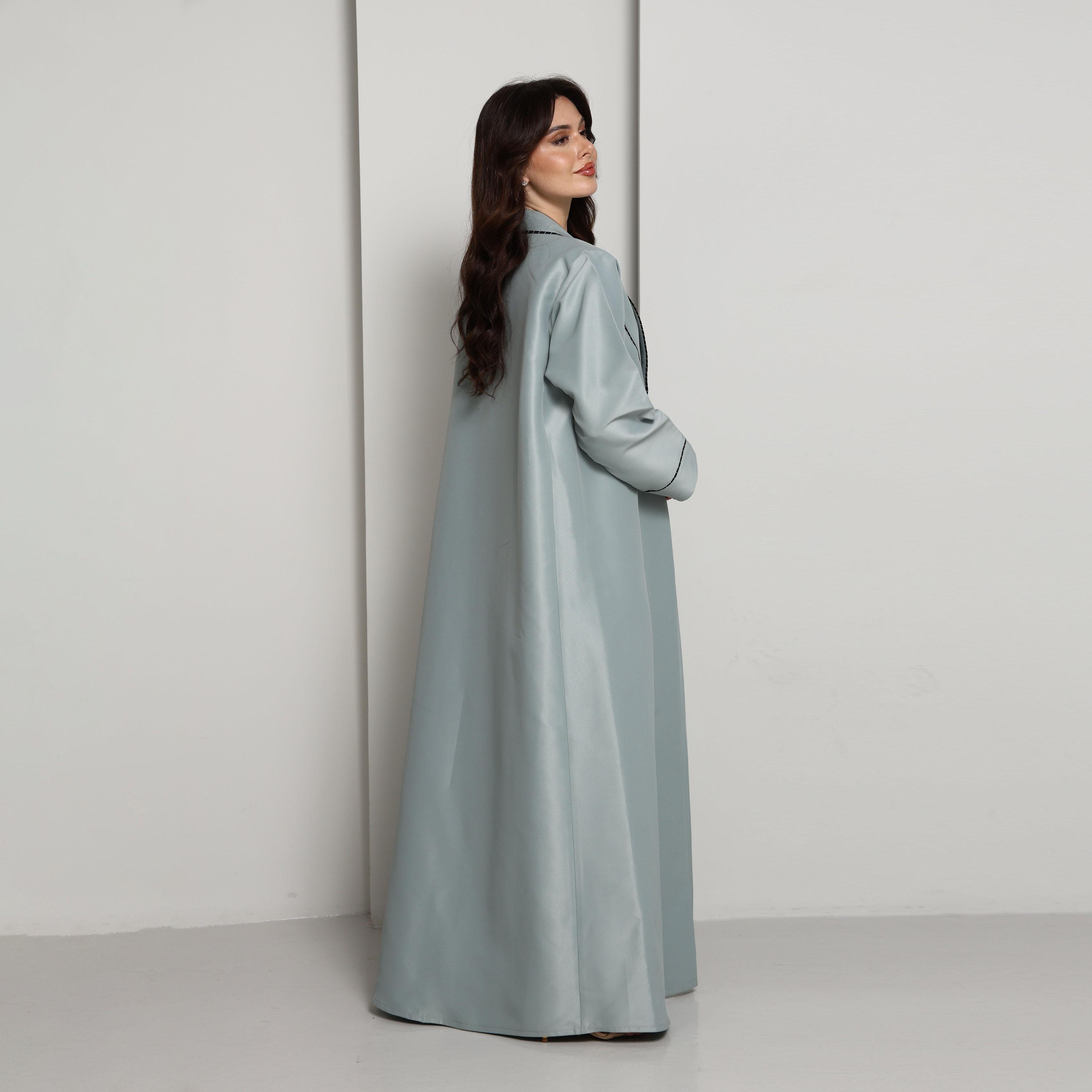 Msquare Fashion Green Lapel Collar Contrast Stitch Detail Satin Women's Coat Style Abaya-women-arabicclothing-abayas-image-5
