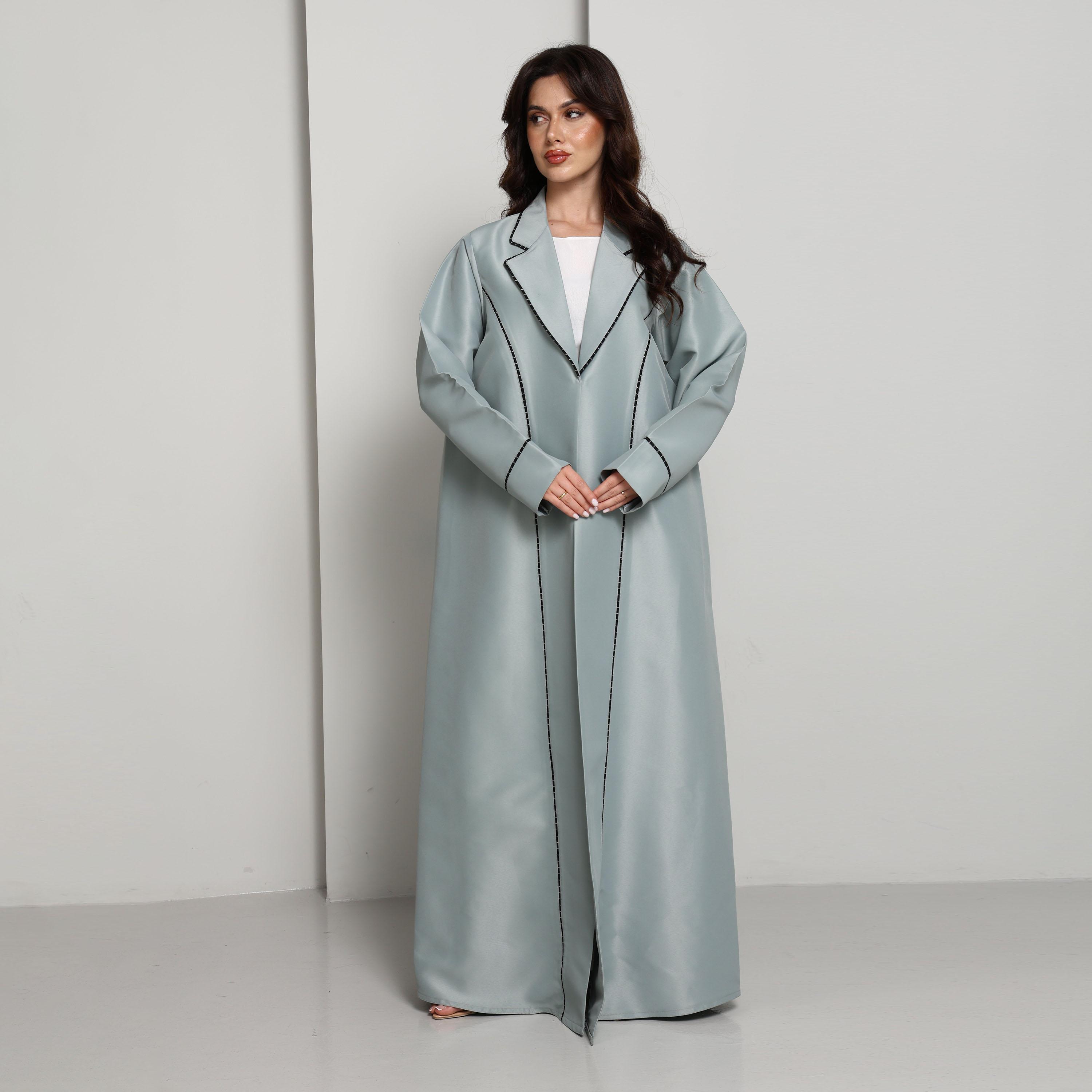 Msquare Fashion Green Lapel Collar Contrast Stitch Detail Satin Women's Coat Style Abaya-women-arabicclothing-abayas-image-6