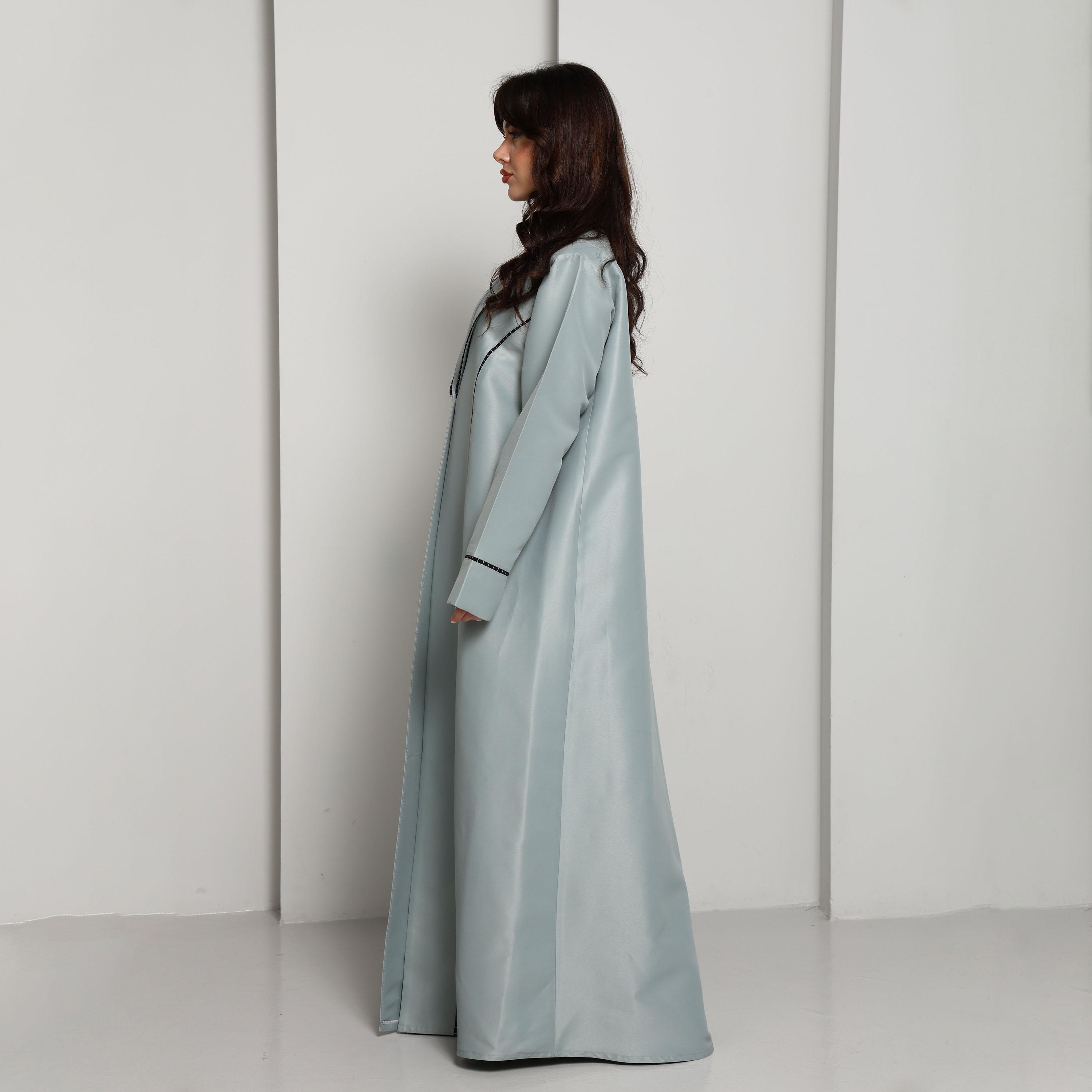 Msquare Fashion Green Lapel Collar Contrast Stitch Detail Satin Women's Coat Style Abaya-women-arabicclothing-abayas-image-7