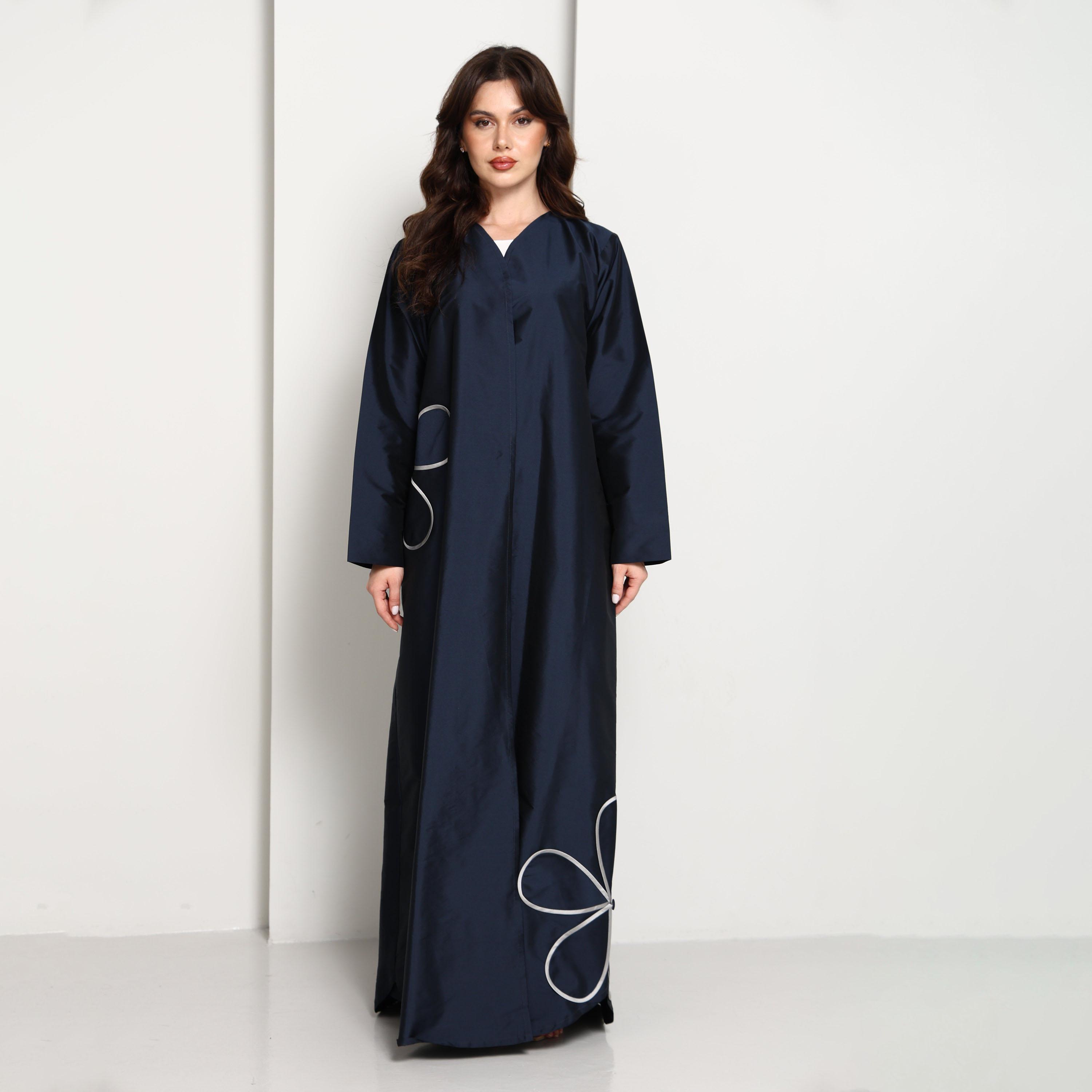 Msquare Fashion Navy Blue Floral Applique Taffeta Women's Abaya-women-arabicclothing-abayas-image-1