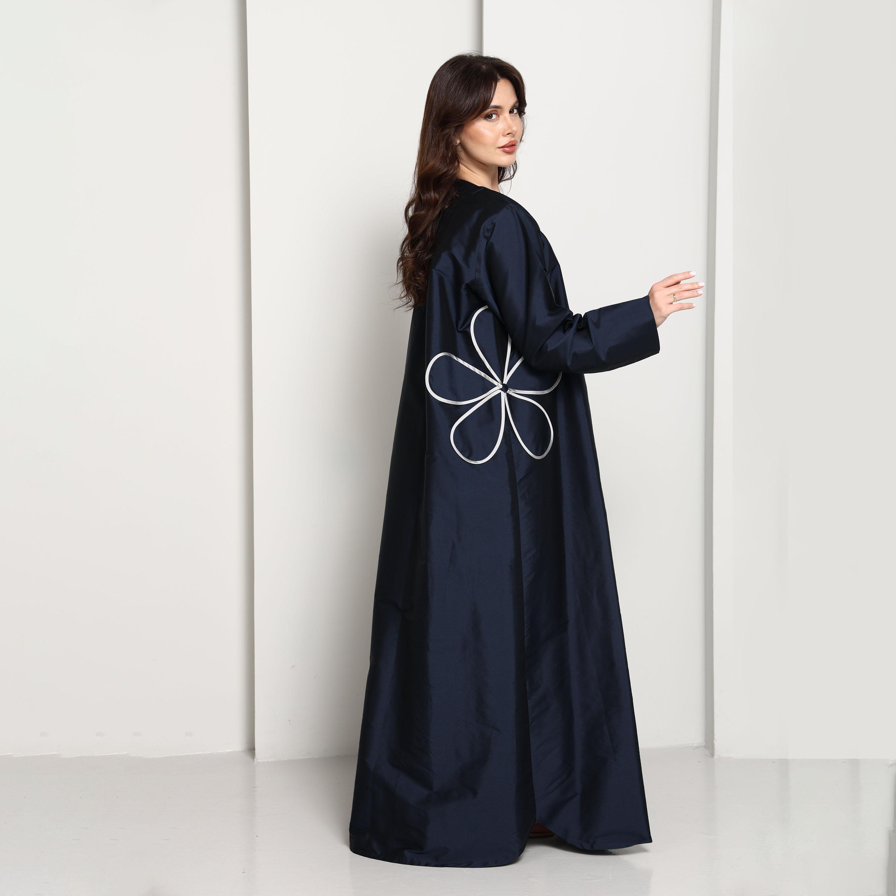Msquare Fashion Navy Blue Floral Applique Taffeta Women's Abaya-women-arabicclothing-abayas-image-3