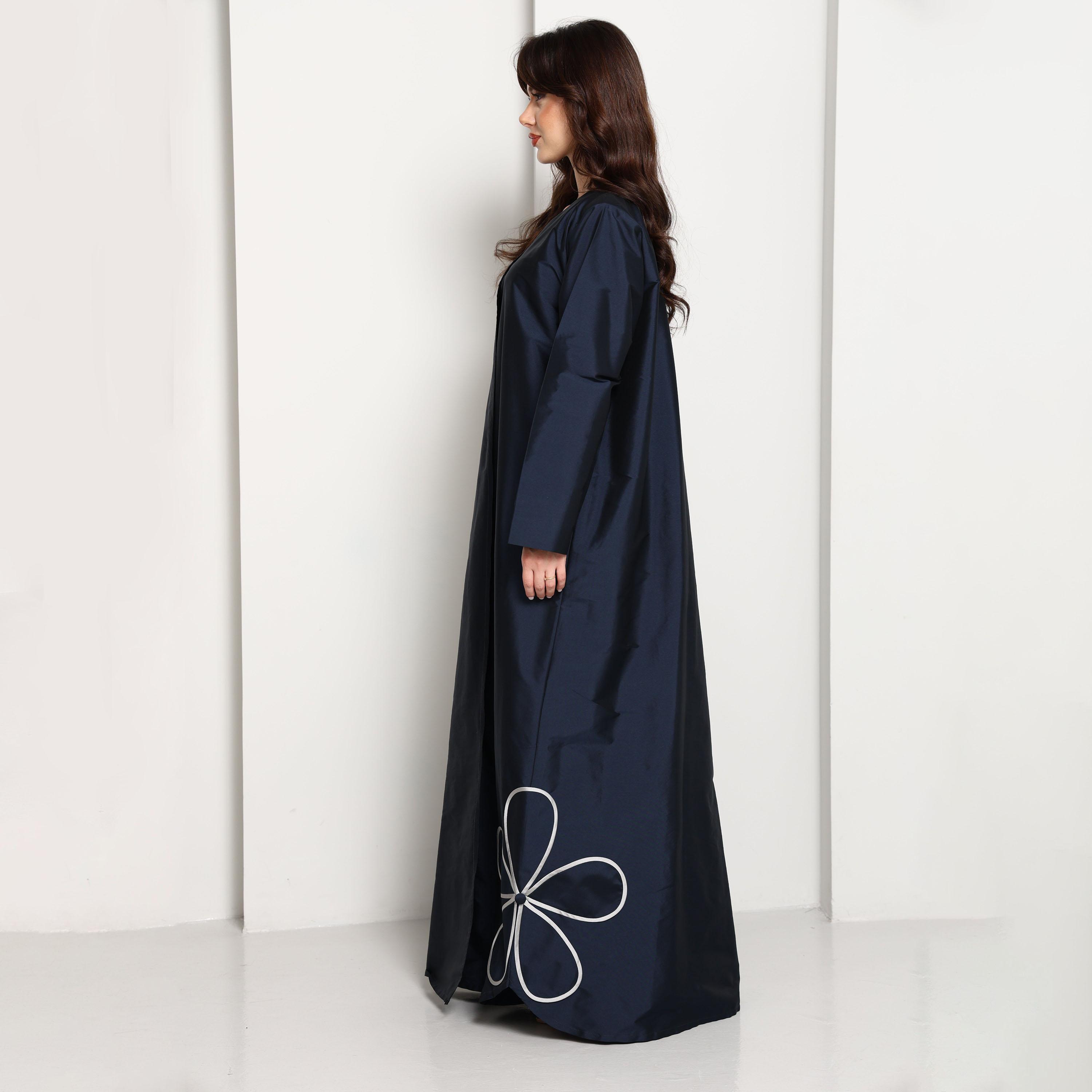Msquare Fashion Navy Blue Floral Applique Taffeta Women's Abaya-women-arabicclothing-abayas-image-4