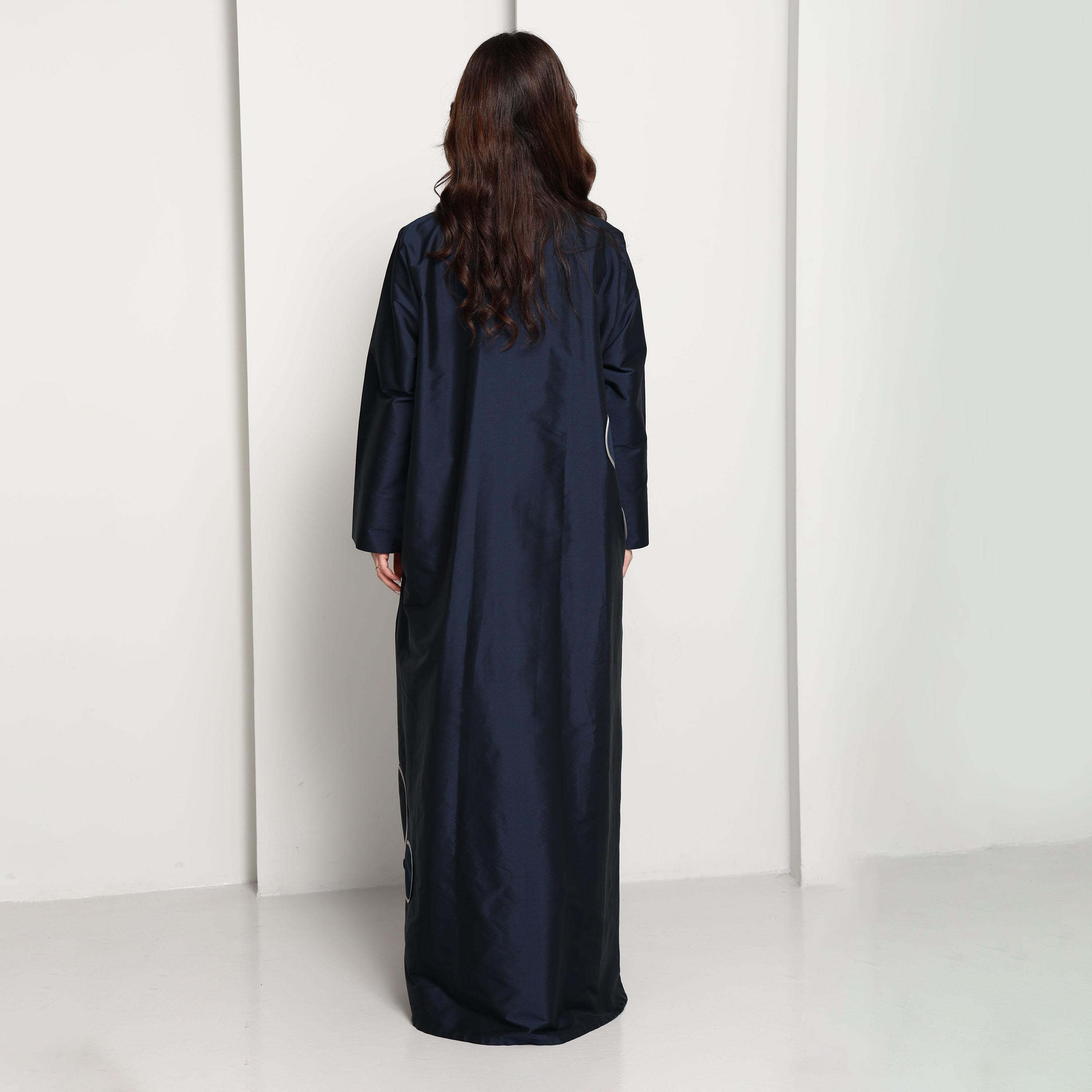 Msquare Fashion Navy Blue Floral Applique Taffeta Women's Abaya-women-arabicclothing-abayas-image-5