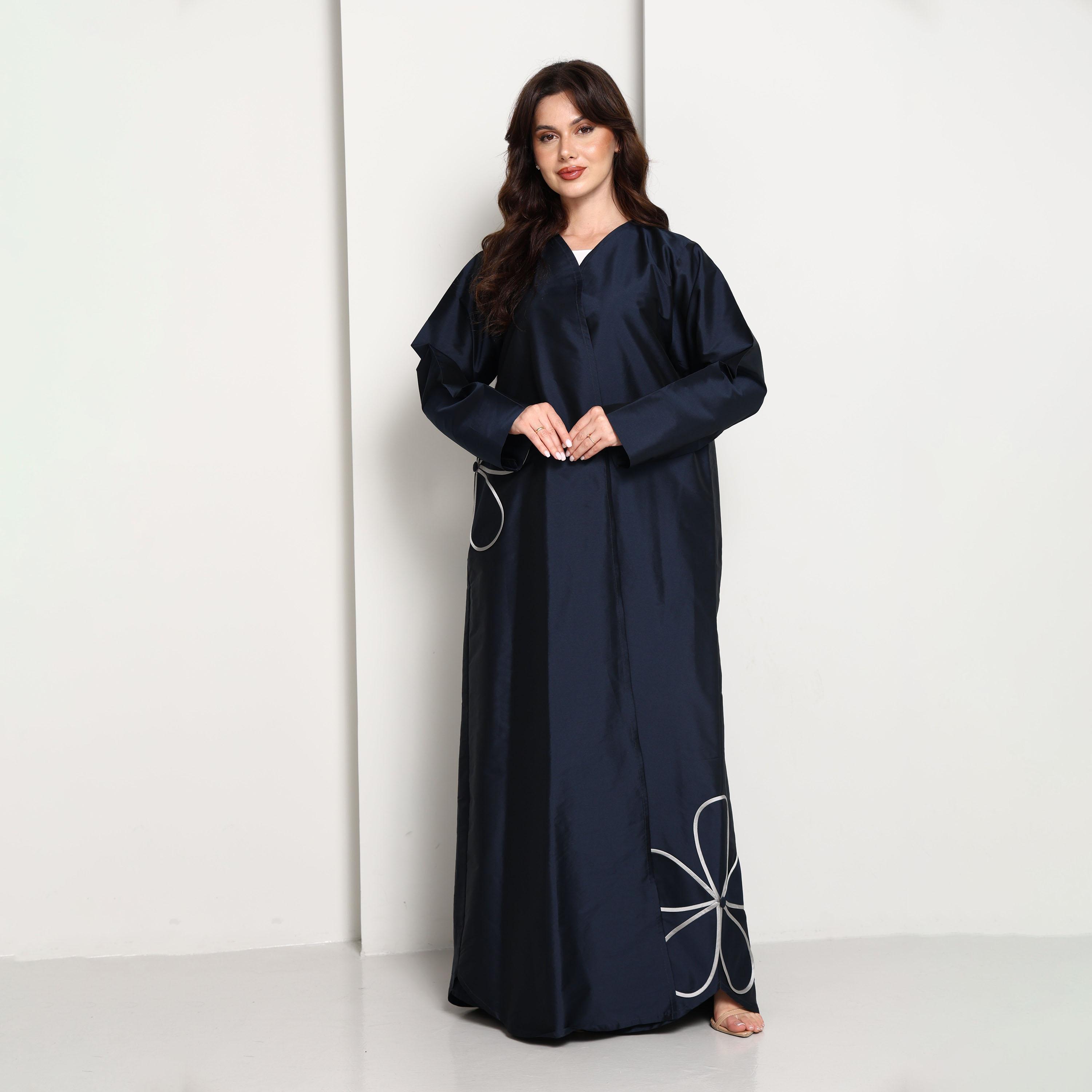 Msquare Fashion Navy Blue Floral Applique Taffeta Women's Abaya-women-arabicclothing-abayas-image-6