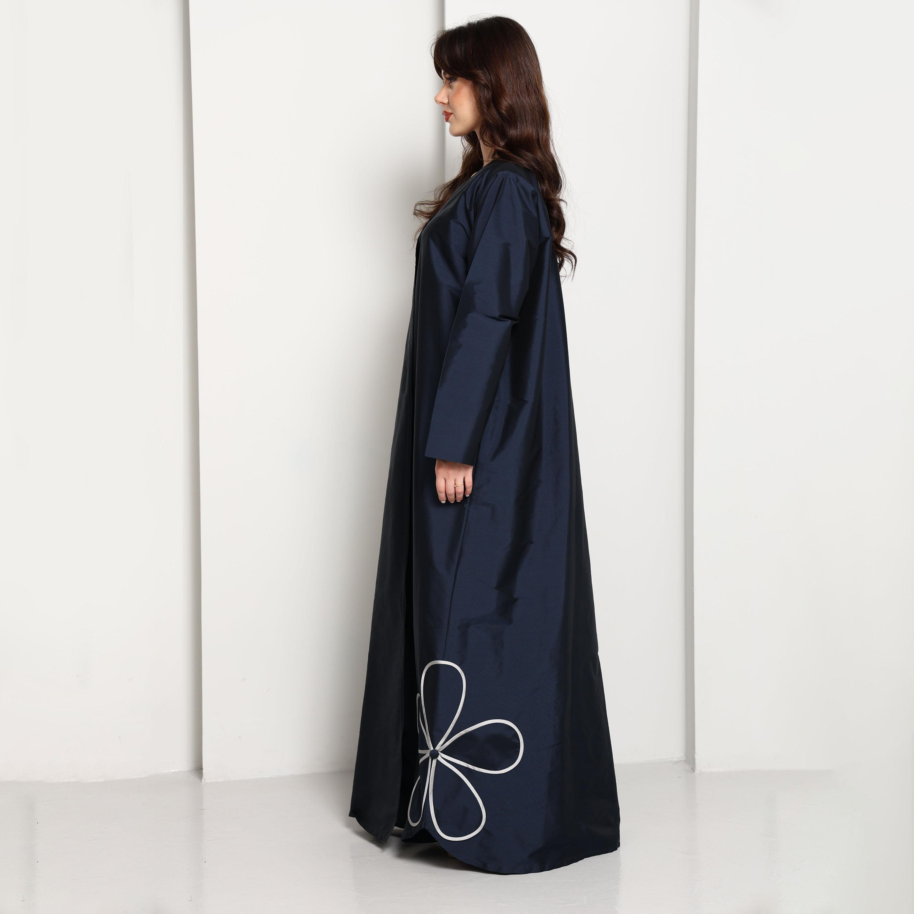 Msquare Fashion Navy Blue Floral Applique Taffeta Women's Abaya-women-arabicclothing-abayas-image-7