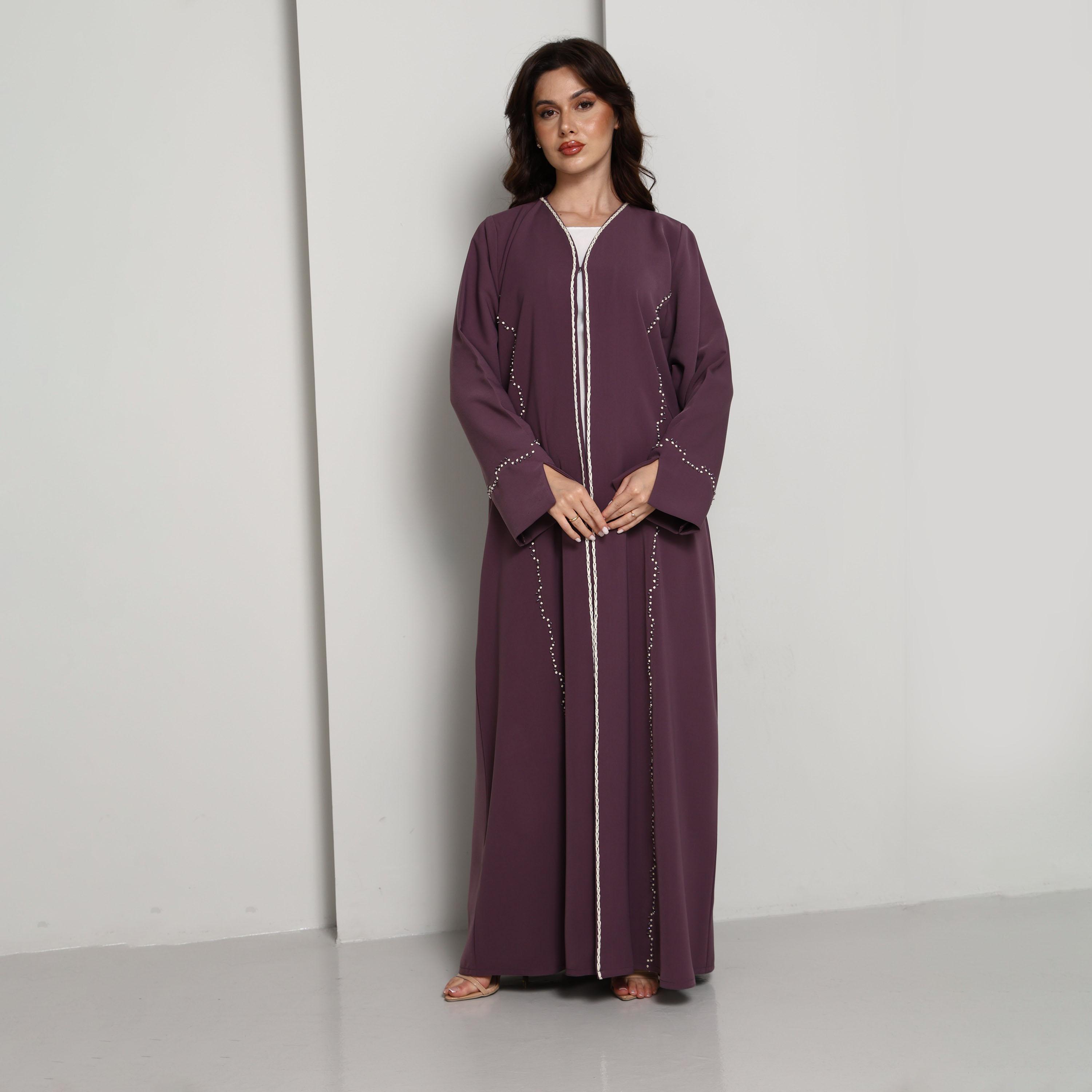 Msquare Fashion Purple Slit Cuffs Hand Embellished Crepe Women's Abaya-women-arabicclothing-abayas-image-1