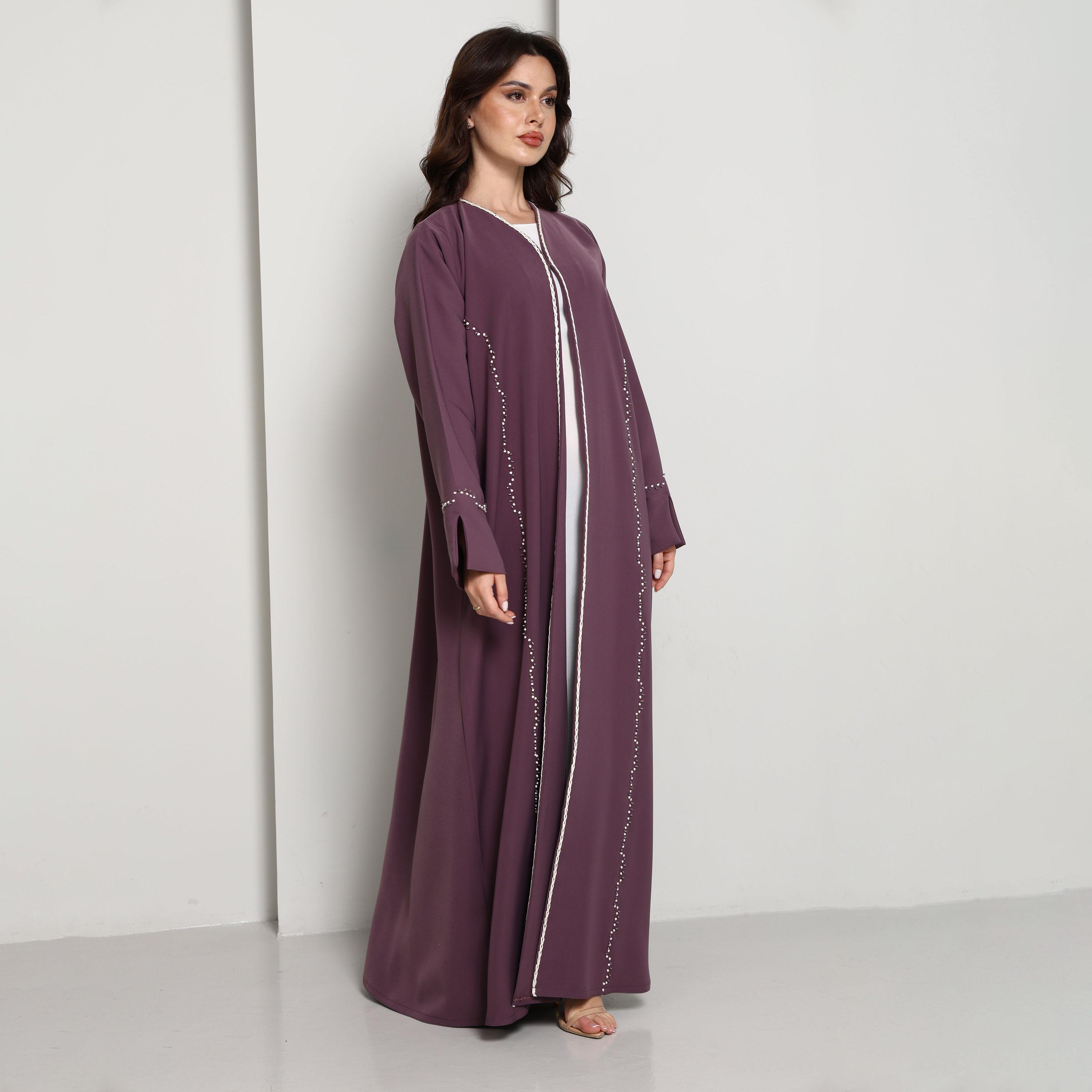 Msquare Fashion Purple Slit Cuffs Hand Embellished Crepe Women's Abaya-women-arabicclothing-abayas-image-2