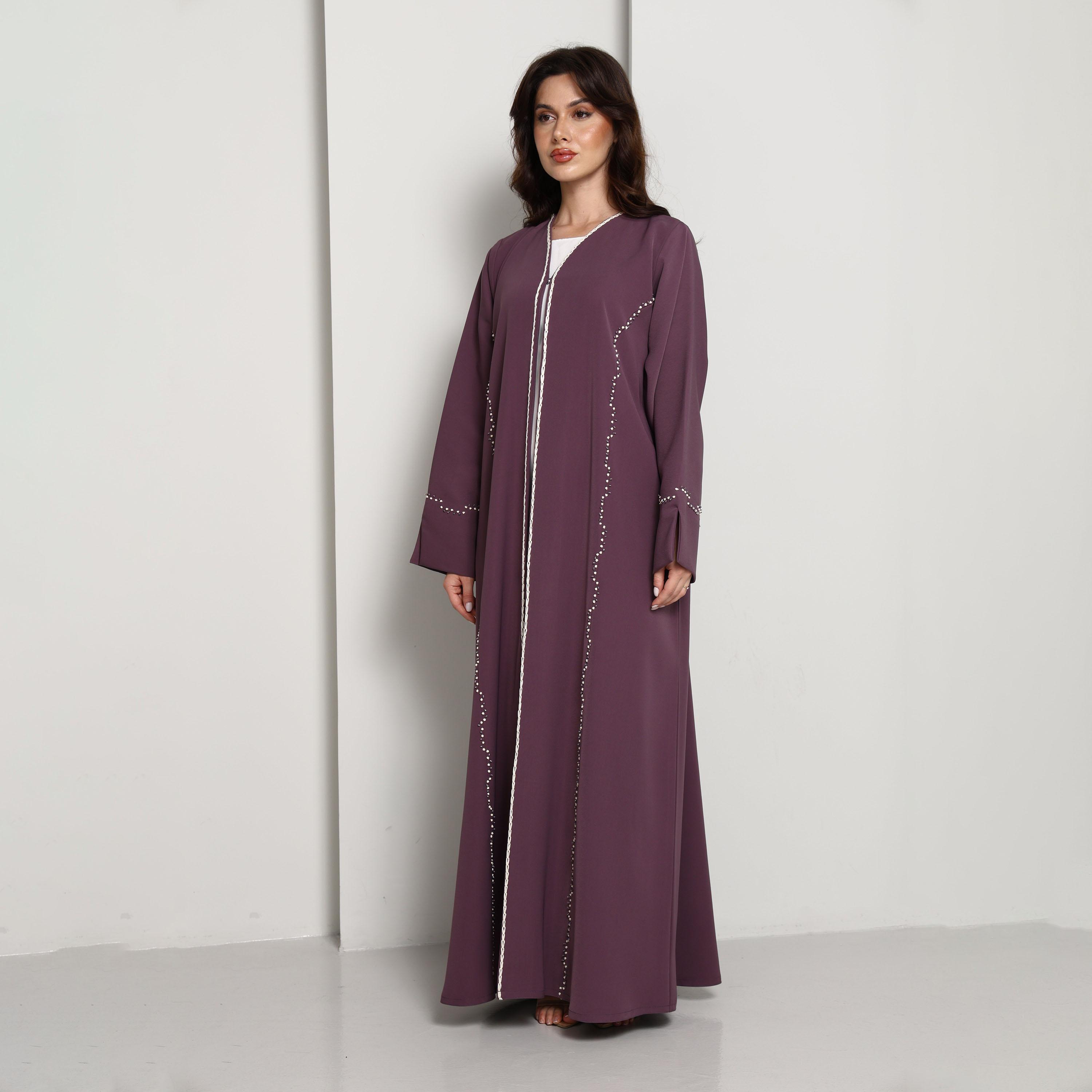 Msquare Fashion Purple Slit Cuffs Hand Embellished Crepe Women's Abaya-women-arabicclothing-abayas-image-3
