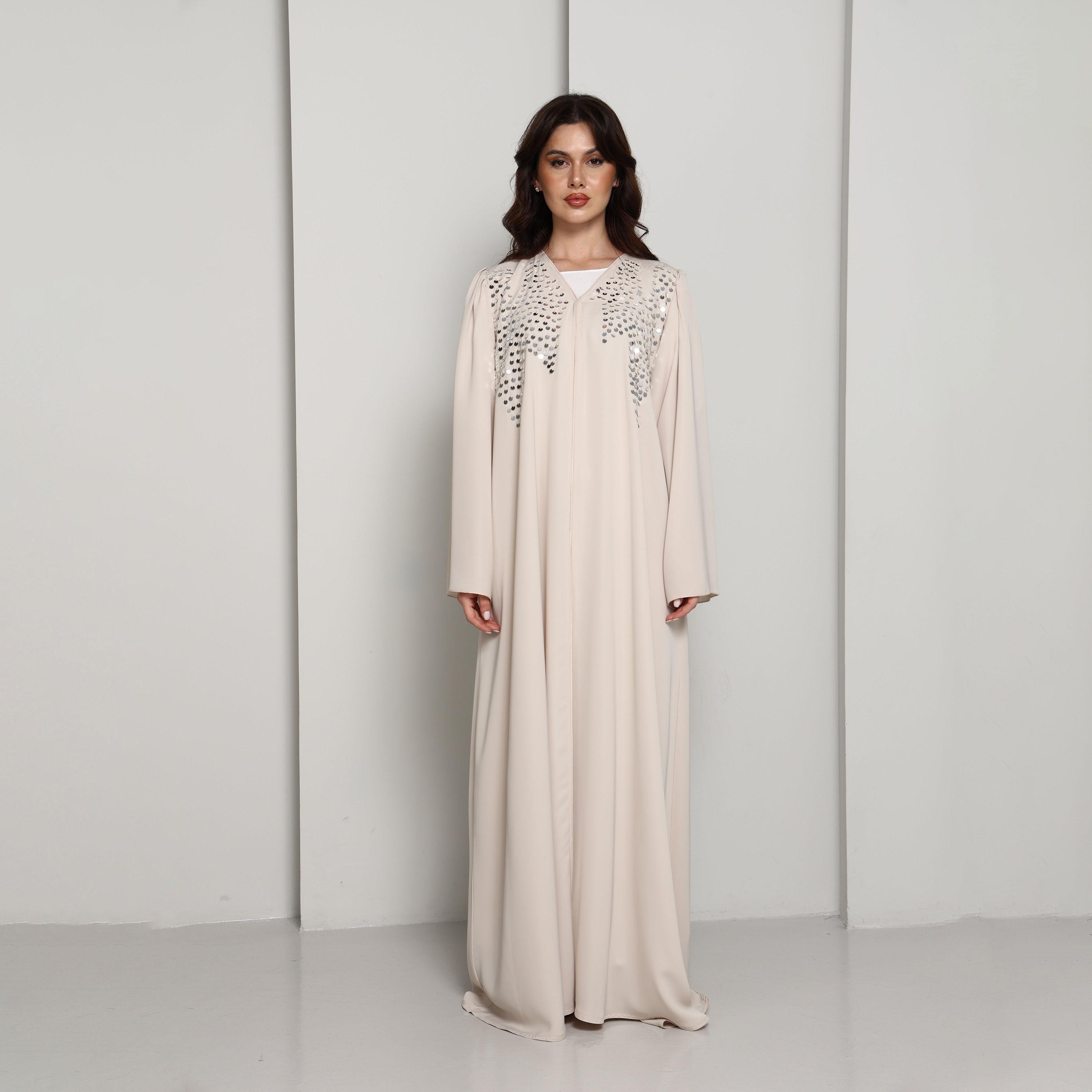 Msquare Fashion Cream Wide Sleeves Hand Sequined Nida Women's Abaya-women-arabicclothing-abayas-image-1