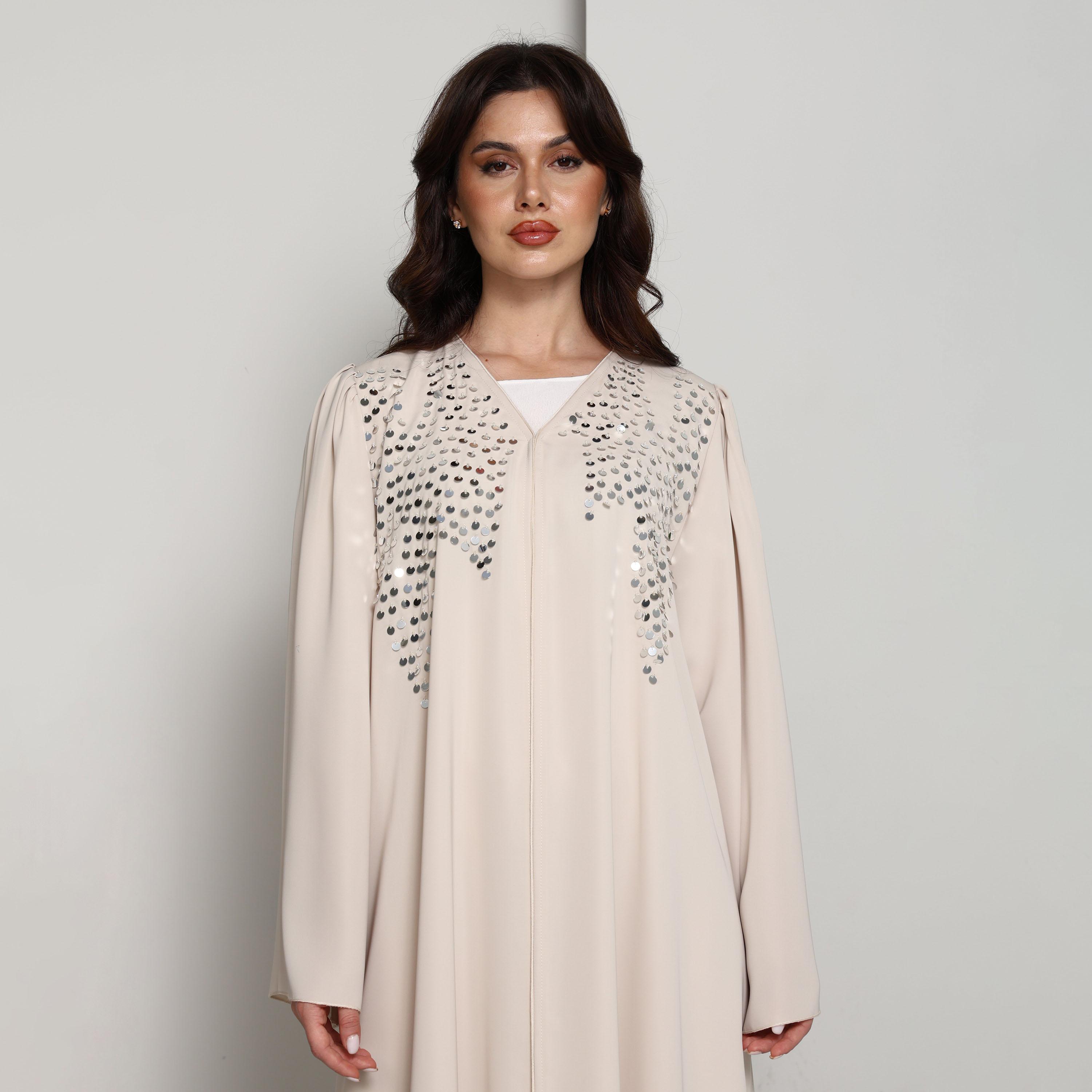 Msquare Fashion Cream Wide Sleeves Hand Sequined Nida Women's Abaya-women-arabicclothing-abayas-image-2