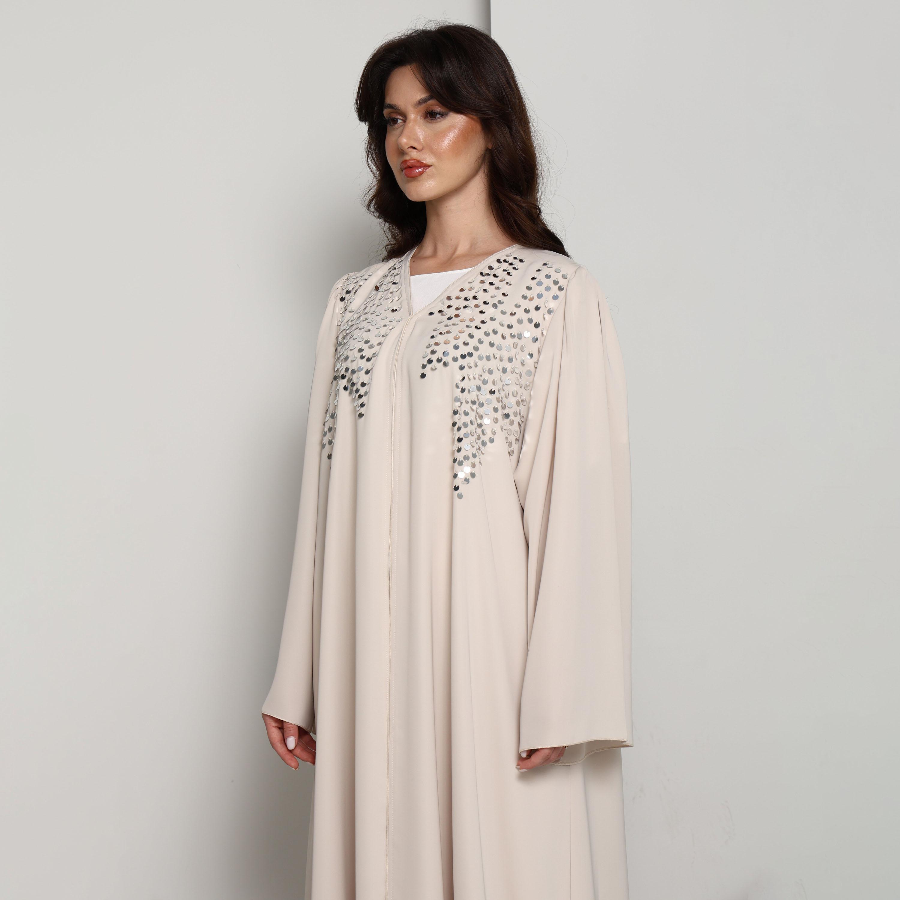 Msquare Fashion Cream Wide Sleeves Hand Sequined Nida Women's Abaya-women-arabicclothing-abayas-image-3