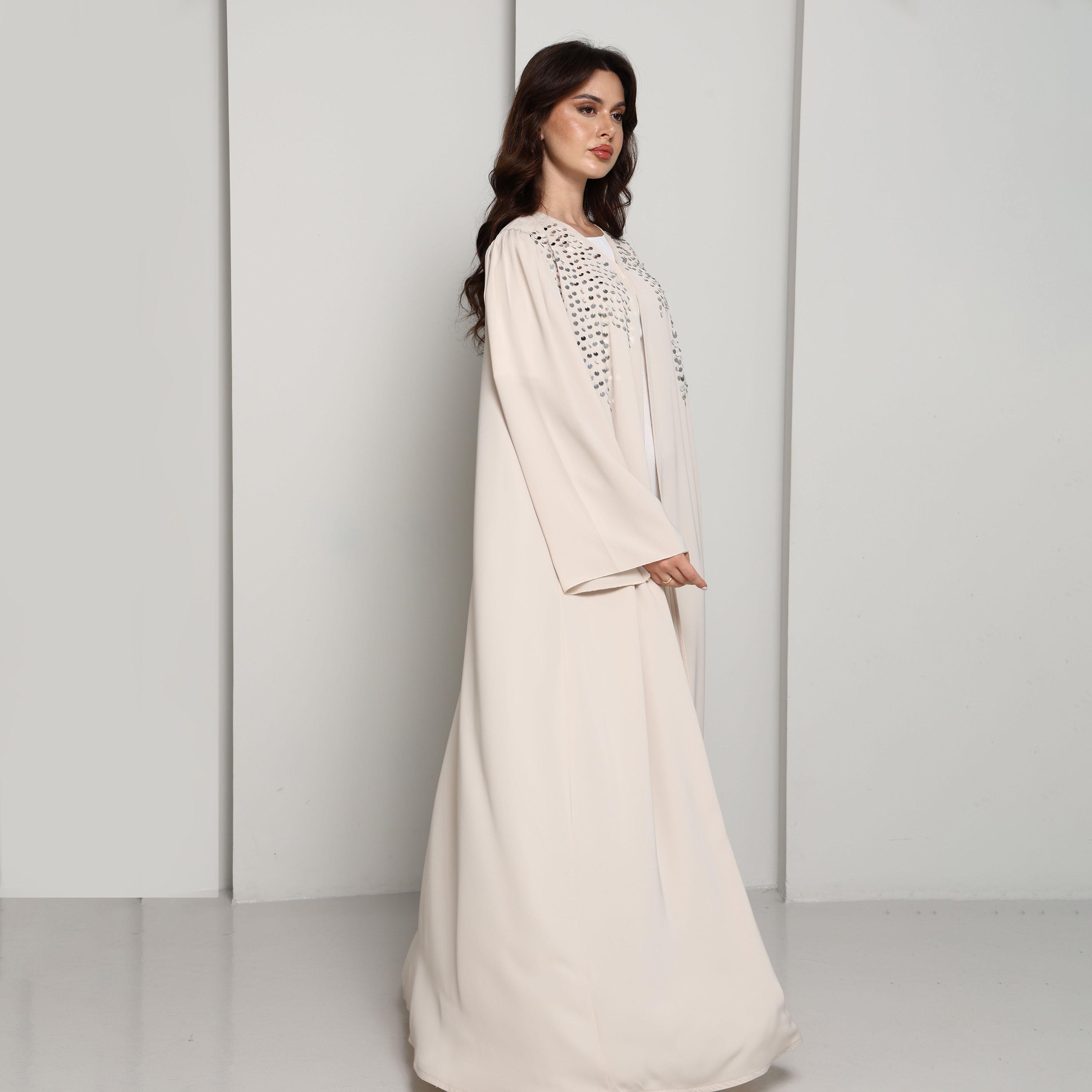 Msquare Fashion Cream Wide Sleeves Hand Sequined Nida Women's Abaya-women-arabicclothing-abayas-image-4