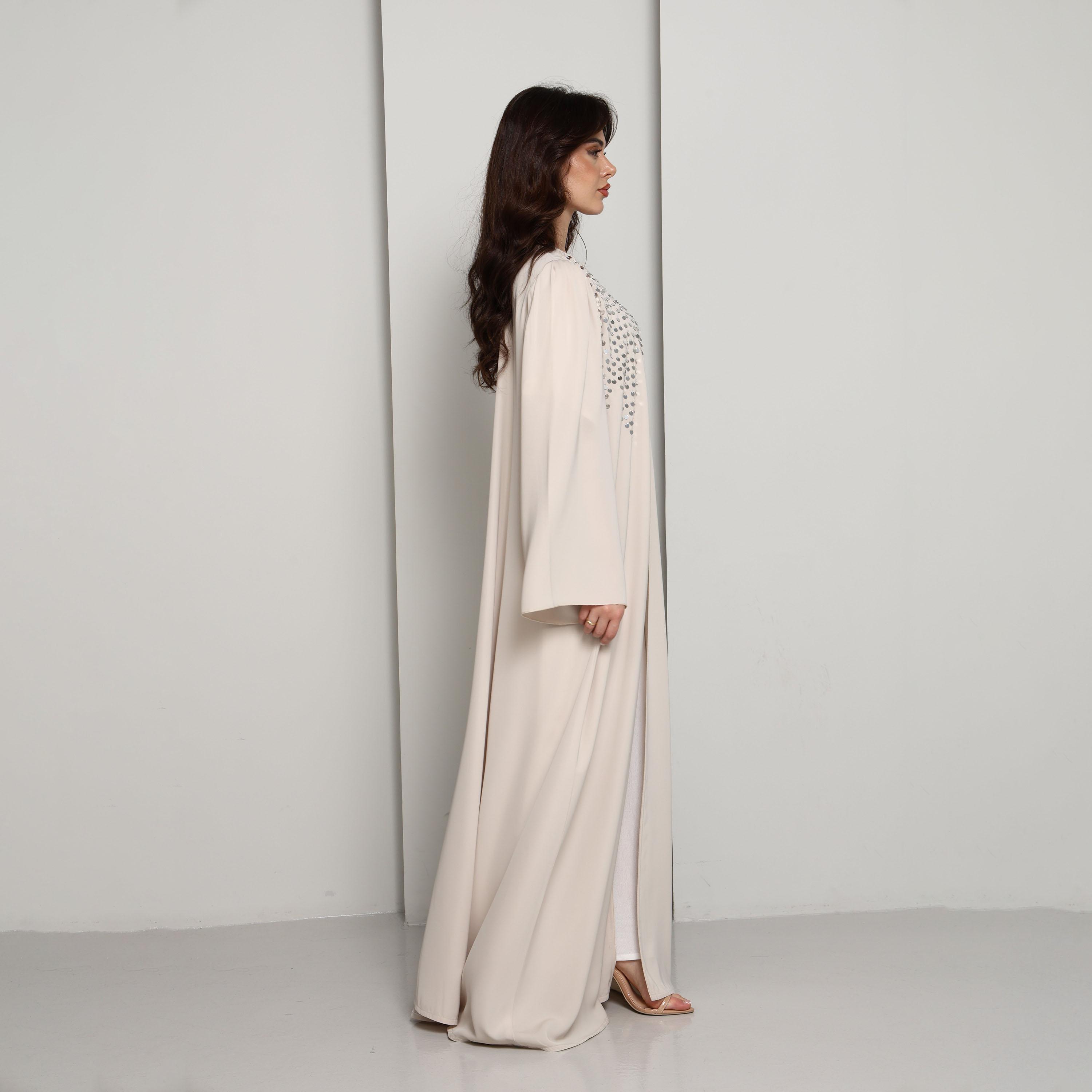 Msquare Fashion Cream Wide Sleeves Hand Sequined Nida Women's Abaya-women-arabicclothing-abayas-image-6