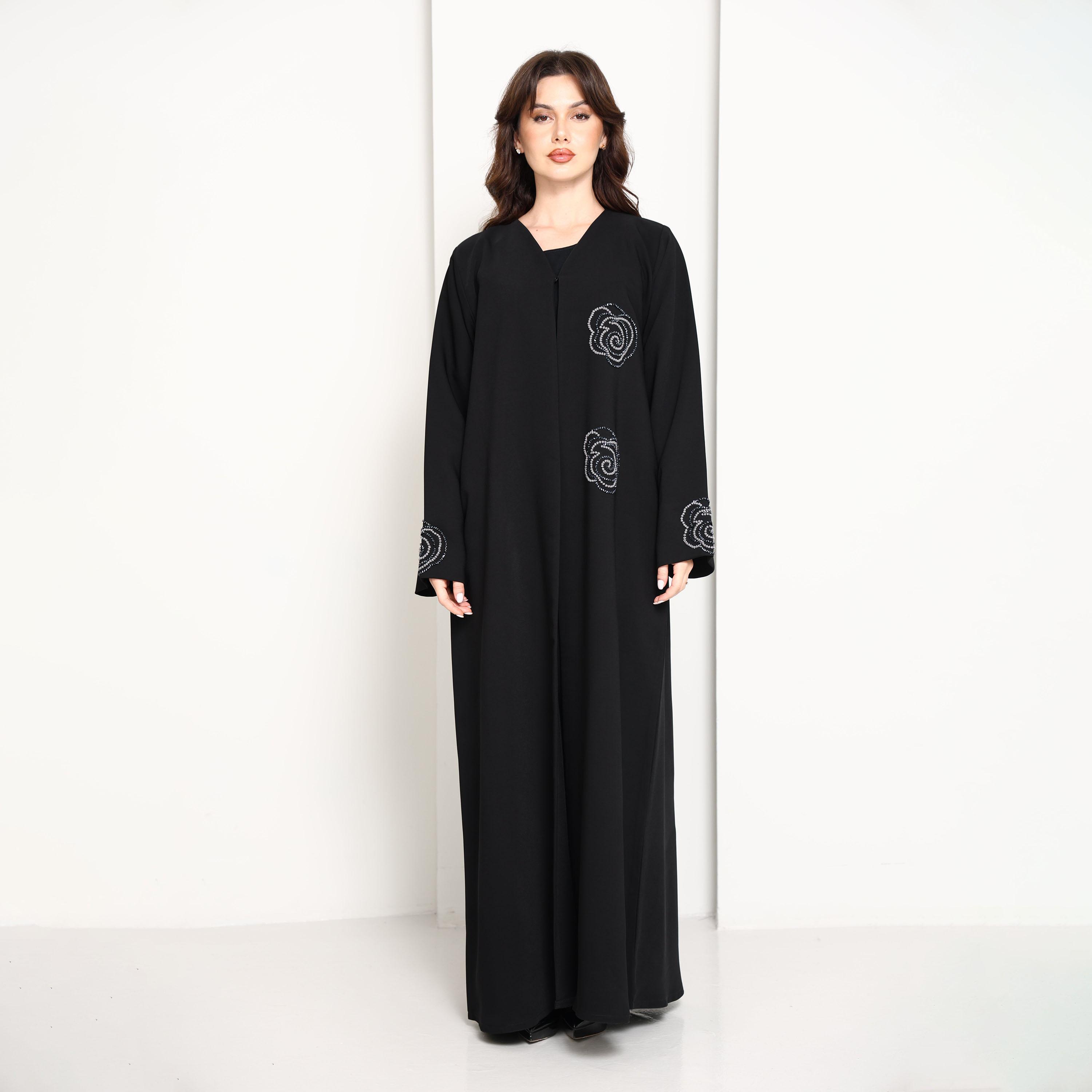 Msquare Fashion Black Hand-Placed Crystal Swirls Crepe Women's Abaya-women-arabicclothing-abayas-image-1