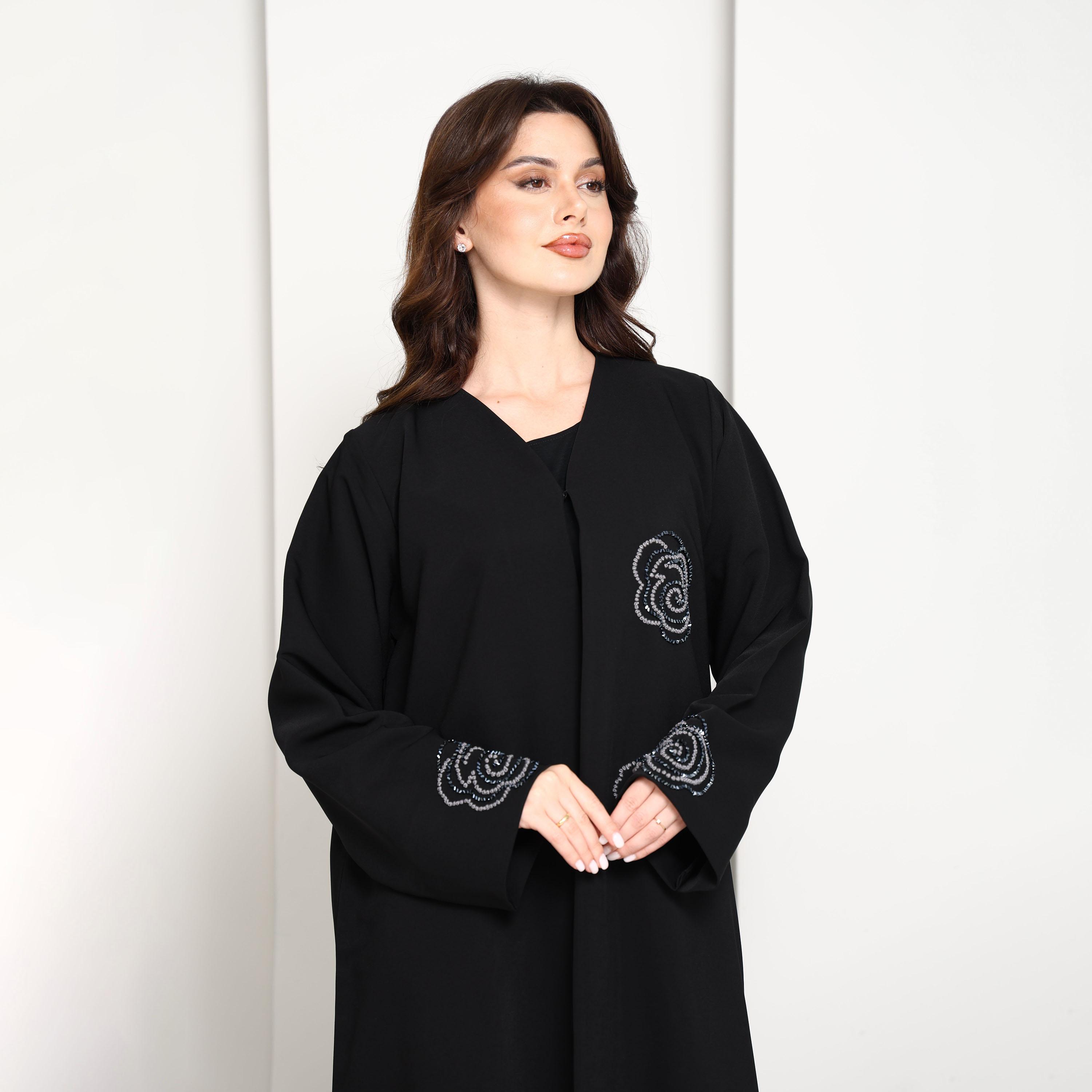 Msquare Fashion Black Hand-Placed Crystal Swirls Crepe Women's Abaya-women-arabicclothing-abayas-image-2