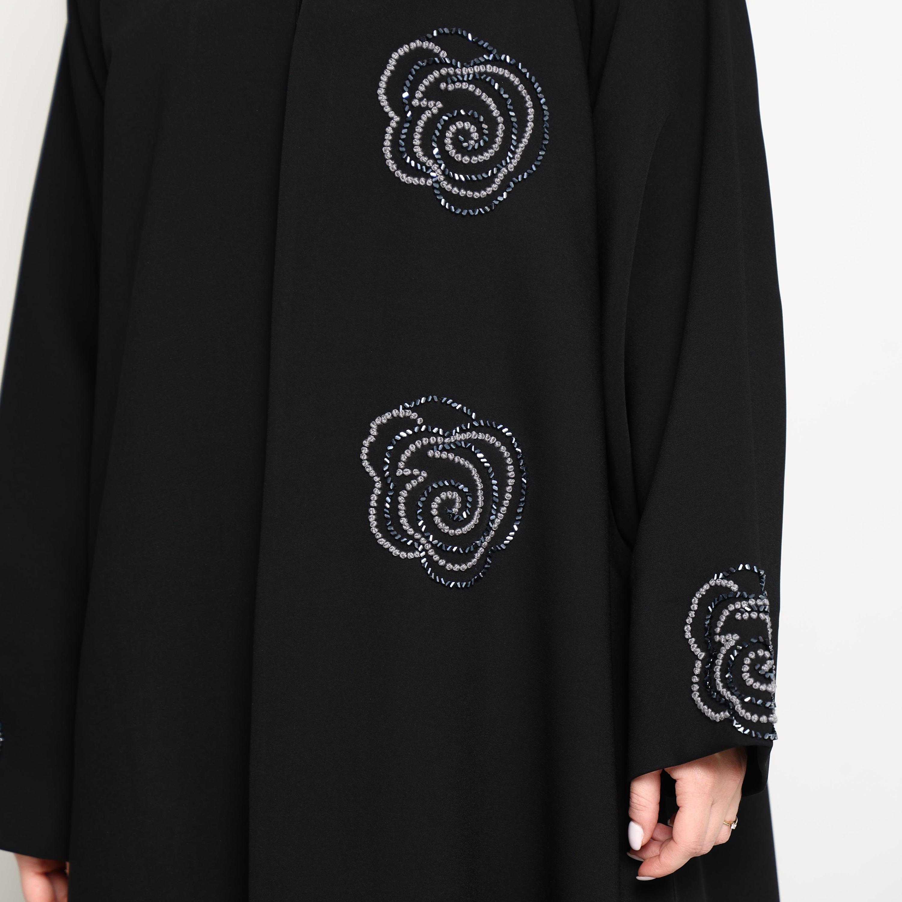 Msquare Fashion Black Hand-Placed Crystal Swirls Crepe Women's Abaya-women-arabicclothing-abayas-image-3