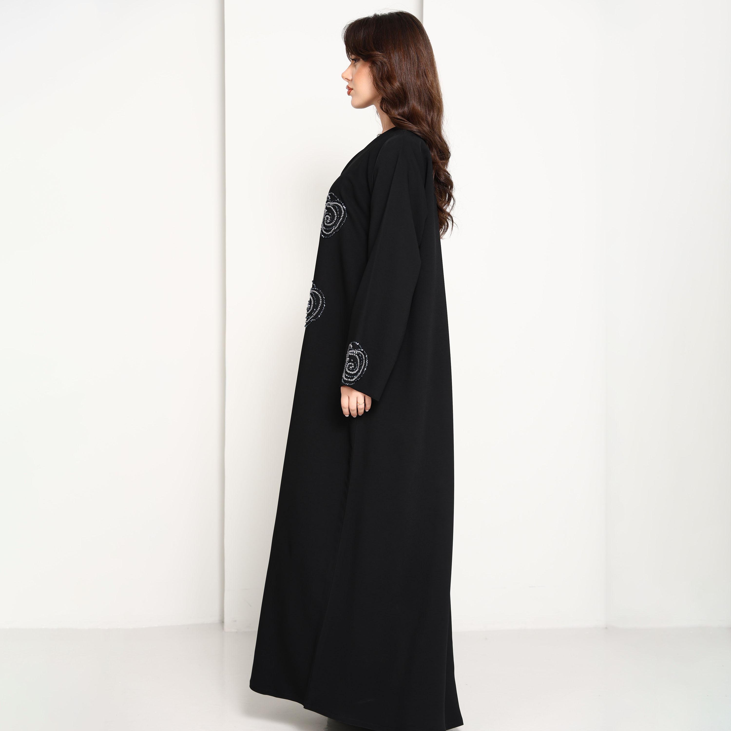 Msquare Fashion Black Hand-Placed Crystal Swirls Crepe Women's Abaya-women-arabicclothing-abayas-image-4