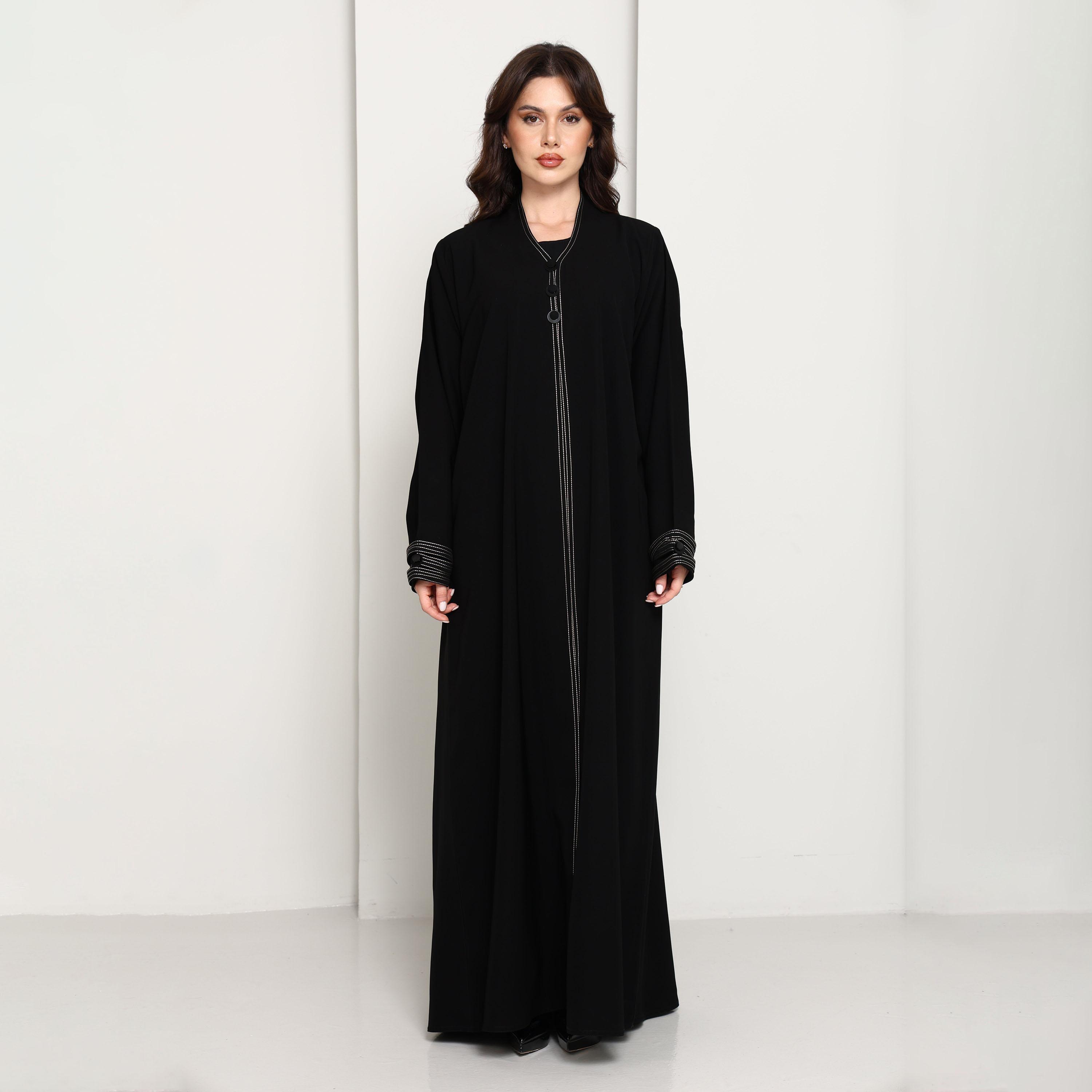 Msquare Fashion Black Contrast Thread Work Crepe Women's Abaya-women-arabicclothing-abayas-image-1