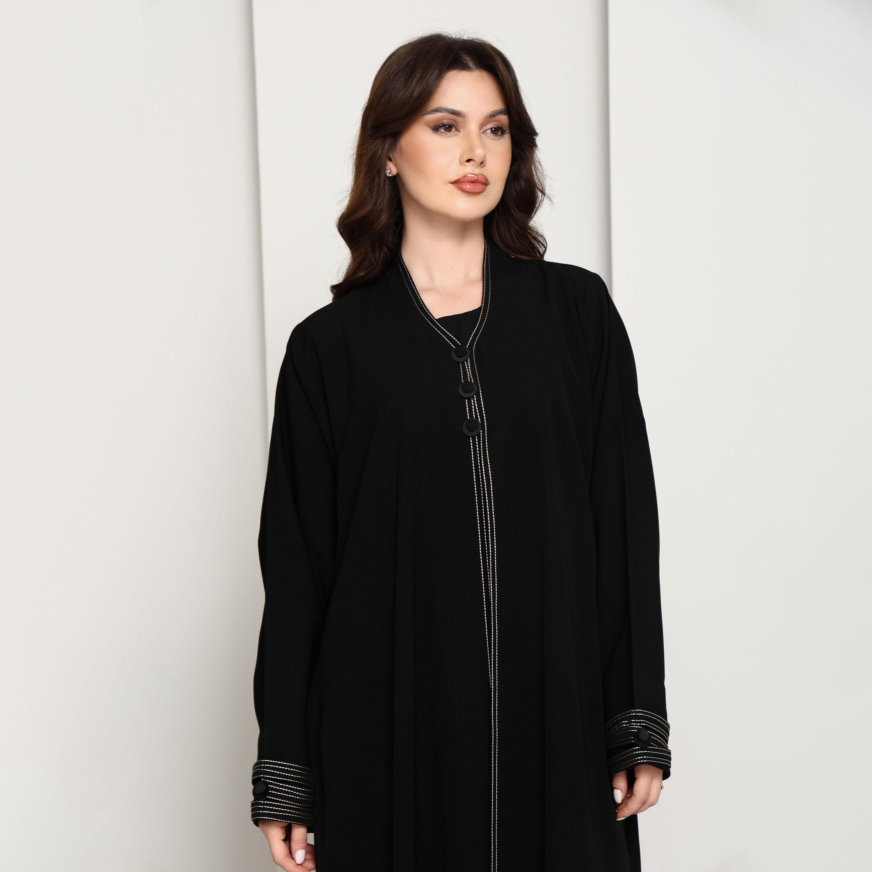 Msquare Fashion Black Contrast Thread Work Crepe Women's Abaya-women-arabicclothing-abayas-image-2
