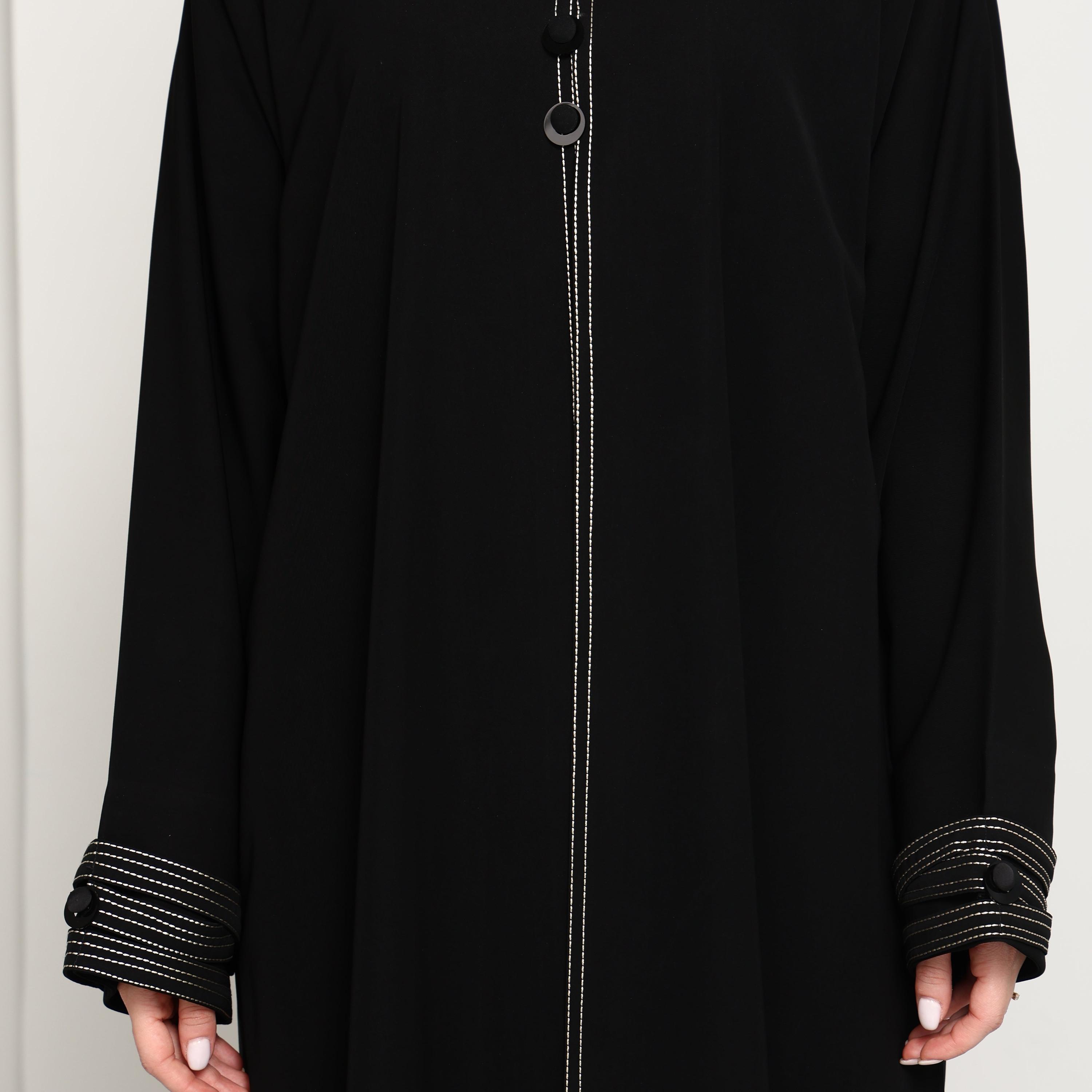 Msquare Fashion Black Contrast Thread Work Crepe Women's Abaya-women-arabicclothing-abayas-image-3